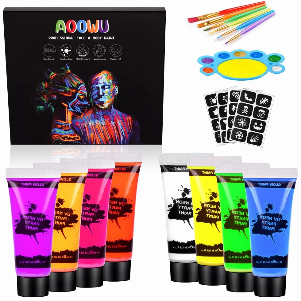 AOOWU Zestaw farb do twarzy 8 kolorów UV neonowa fluorescencyjna nietoksyczna z pędzlem paletowym