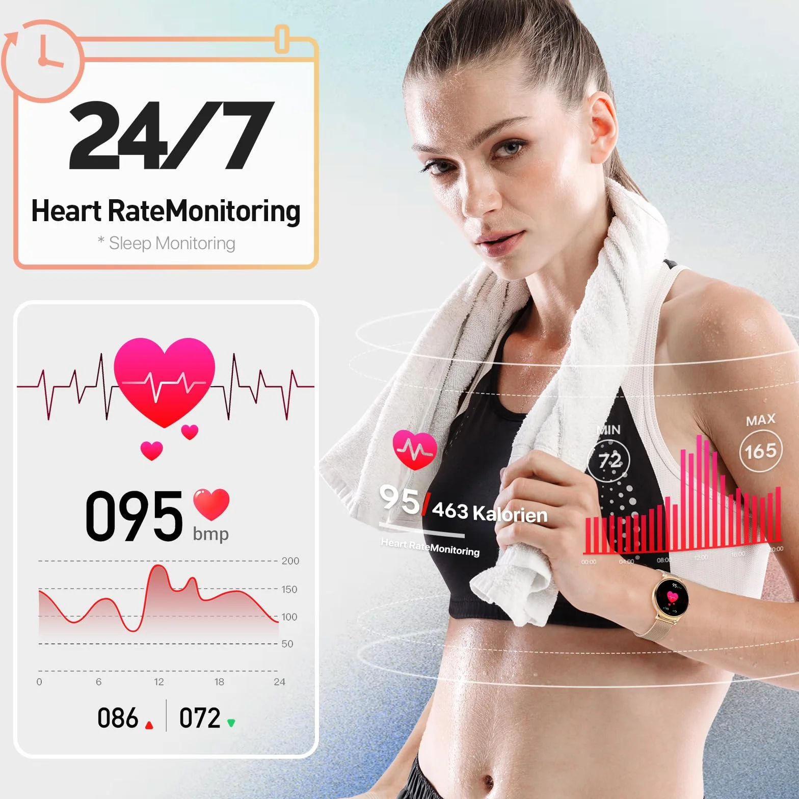 Nemheng Inteligentny zegarek dla kobiet, odbieranie/nawiązywanie połączeń, ekran dotykowy 3,5 cm, damski zegarek fitness z pulsometrem i asystentem głosowym, wodoodporny zegarek IP67, do iOS, Android