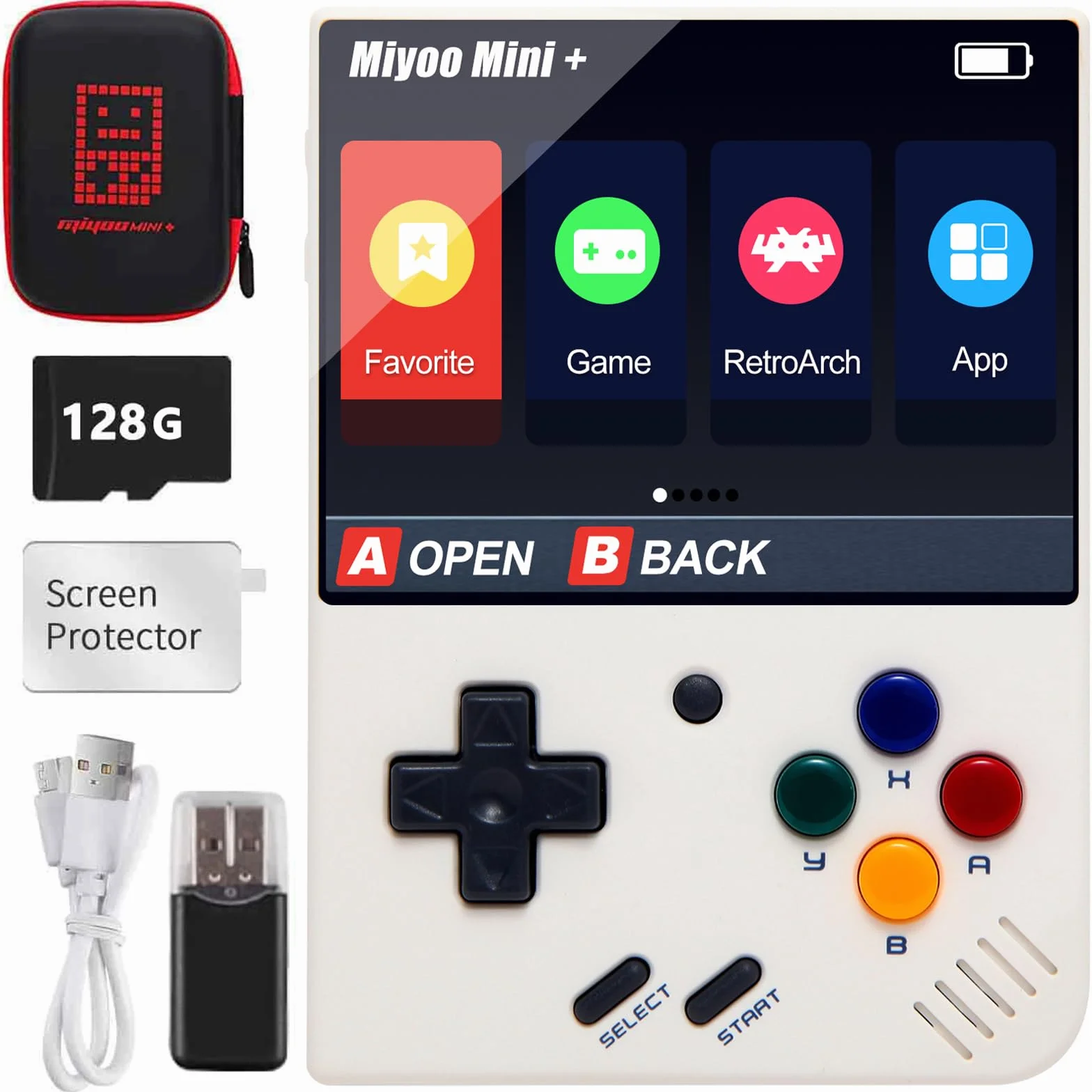 Miyo Mini Plus przenośna konsola do gier retro, wbudowana karta TF 128 G, ponad 15000 klasycznych gier, ekran IPS 3,5", obsługa WiFi, etui (biała, 128 g)