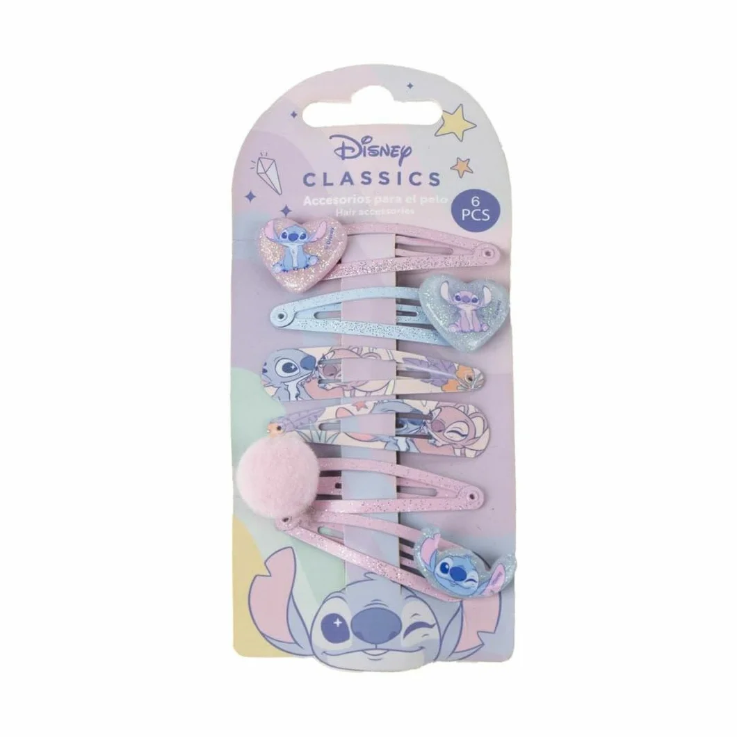 Zestaw 6 klipsów do włosów Disney Stitch and Angel | Pastelowe brokatowe serce spinki do włosów | Akcesoria do stylizacji włosów dla dziewczynek | Prezent urodzinowy i szkolny
