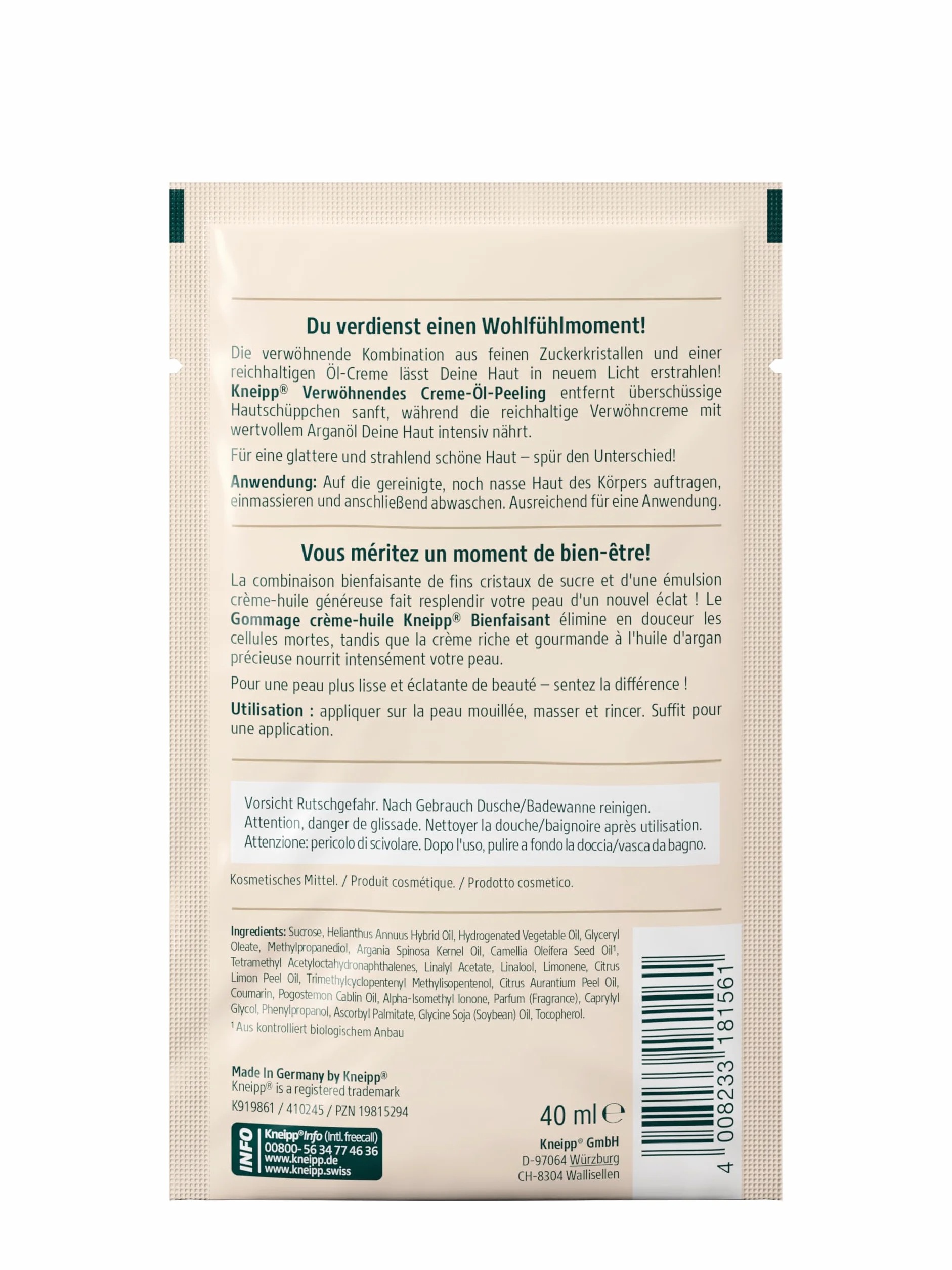 Kneipp Rozpieszczający peeling kremowo-olejkowy – peeling do ciała z cennym olejkiem arganowym i delikatnymi kryształkami cukru – 15 x 40 ml