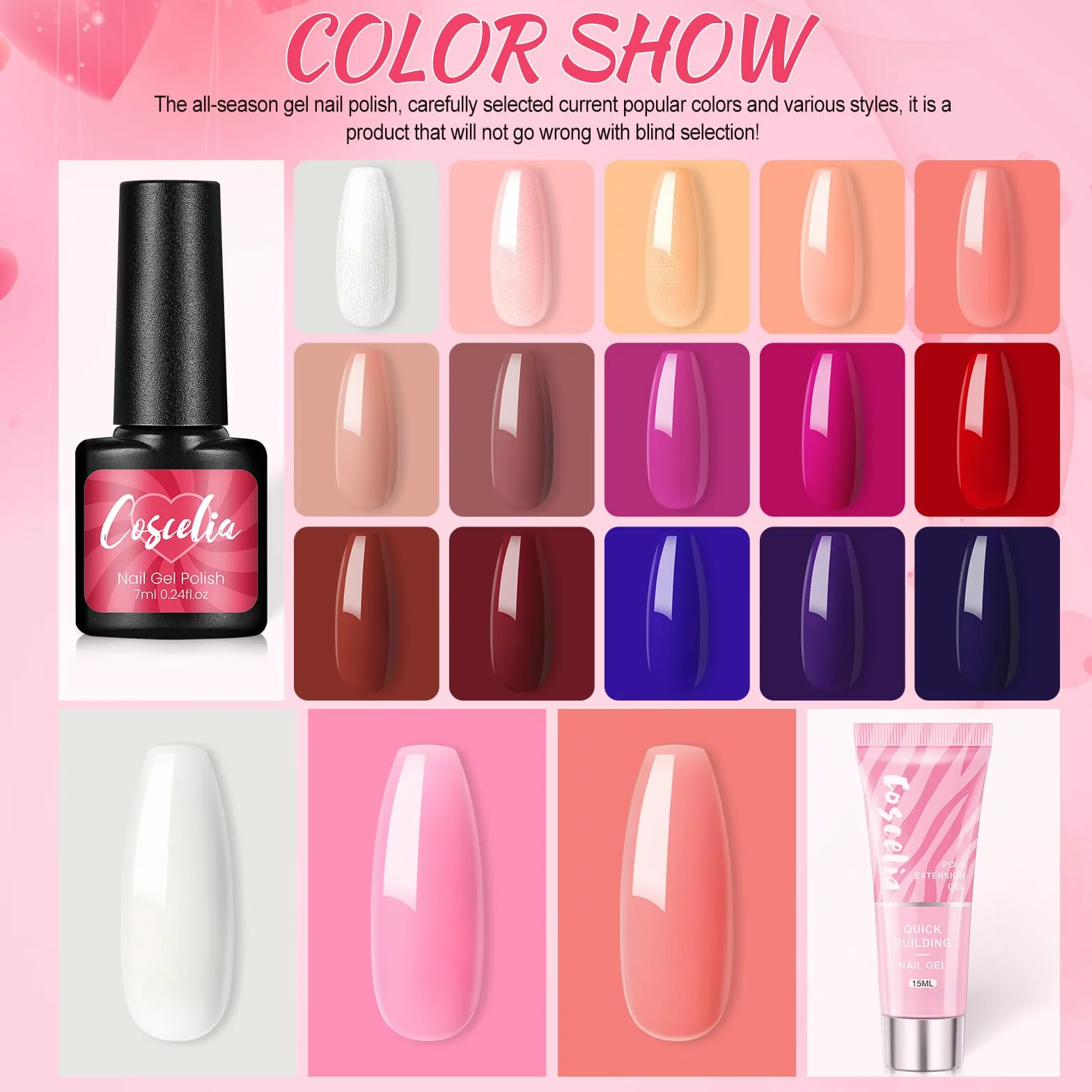 COSCELIA Zestaw lakierów do paznokci, 15 sztuk, żelowy lakier do paznokci z lampą 36 W U V/LED, 3 szt. Poly Nail Extension Gel, wiertarka do paznokci maszyna Top & Base Coat Nail Art dla