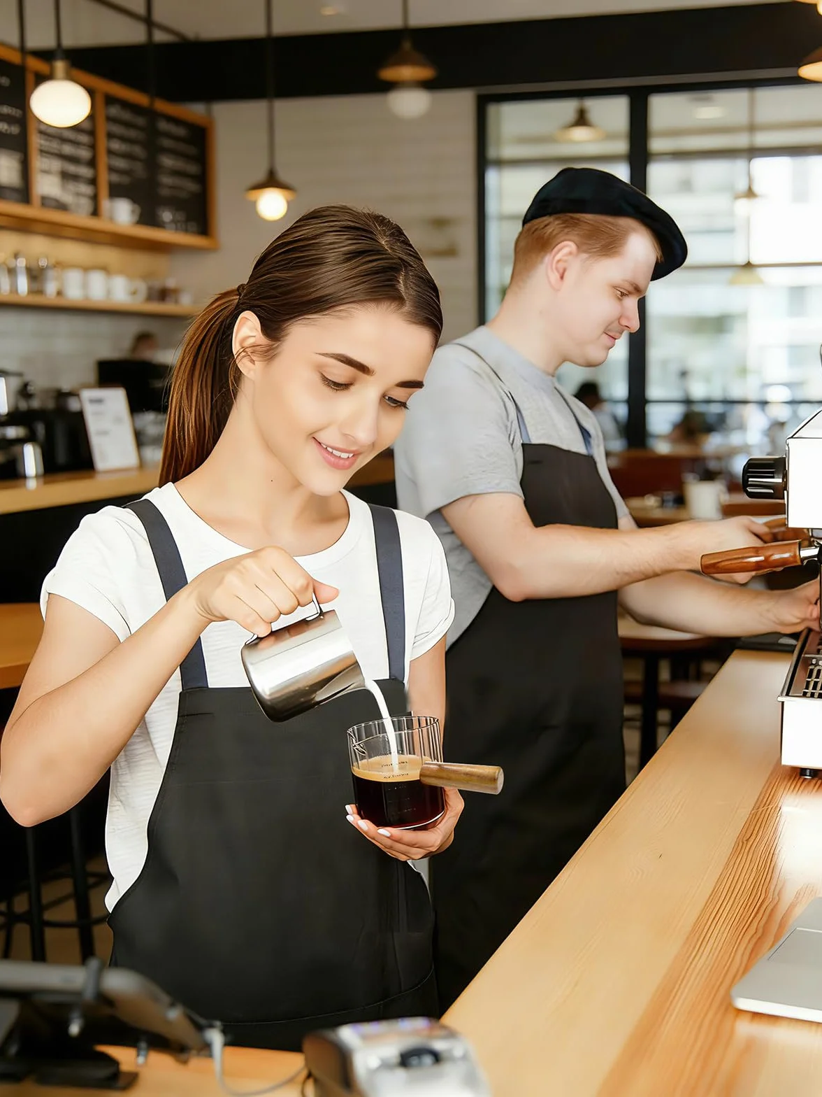 Zestaw 2 Filiżanek do Espresso z Drewnianym Uchwytem – 180 ml, Szkło Borokrzemianowe z Podziałką, Przezroczyste, Wylewka w Kształcie Litery V – do Domu, Biura i Kawiarni