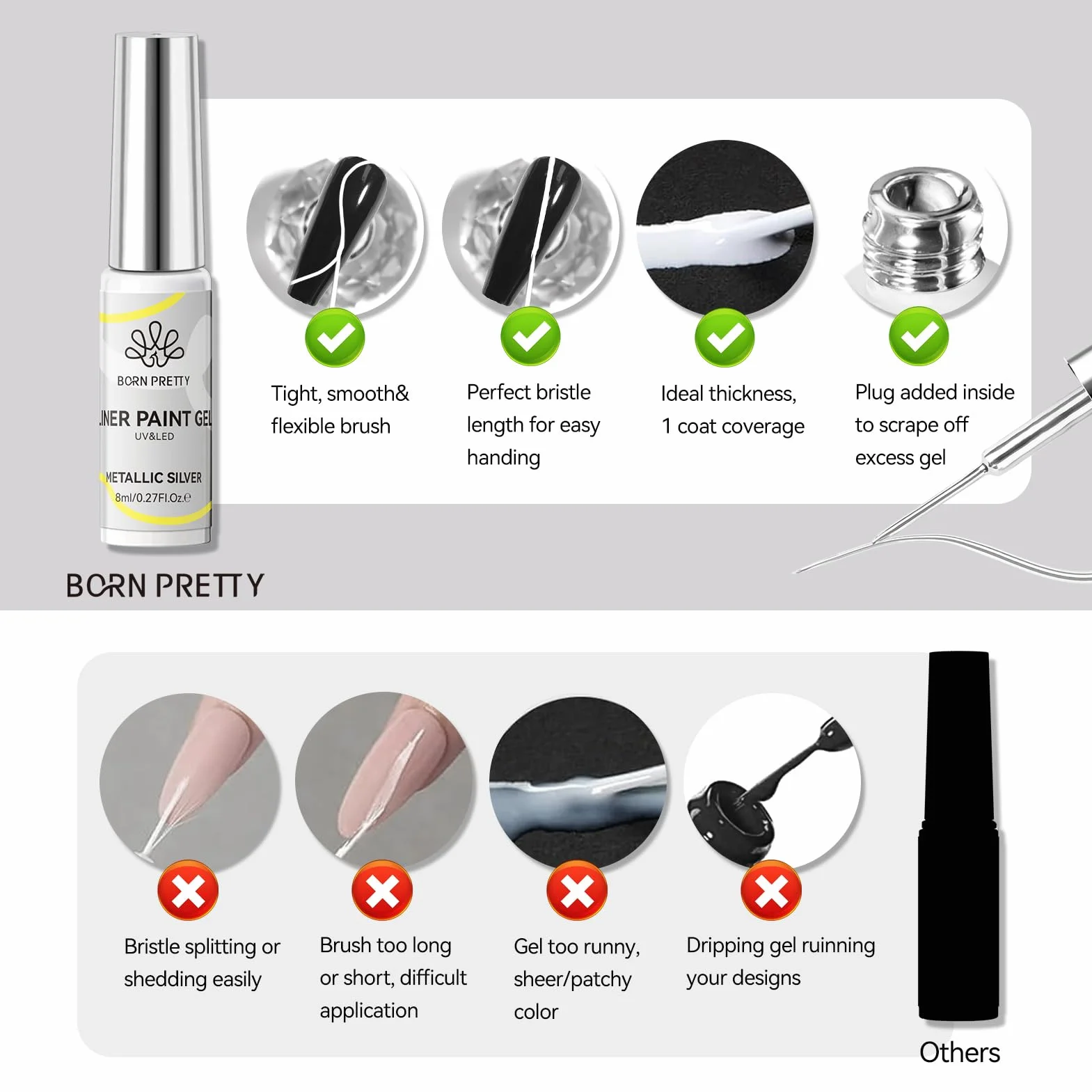 Born Pretty Zestaw żelowych lakierów do paznokci - Mirror Chrome Silver Gold Gel Liner Nail Art Metaliczny efekt lustrzany Swirl Nail Art Gel Polish zestaw do manicure do salonu DIY