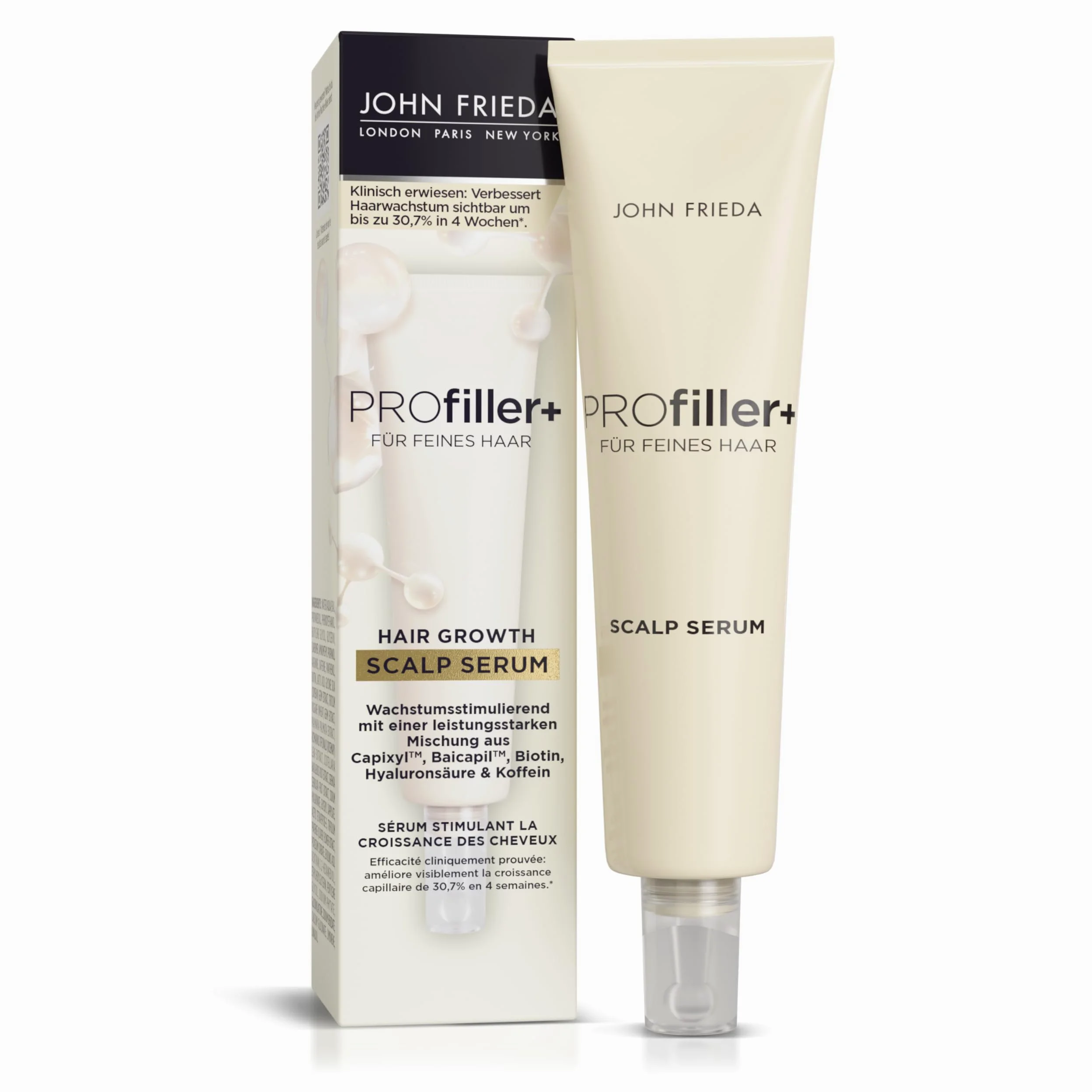 John Frieda PROfiller+ serum – porost włosów w przypadku dziedzicznego wypadania włosów – zawartość: 50 ml – do włosów cienkich – bez alkoholu – bezpieczne dla koloru – nienatłuszczające