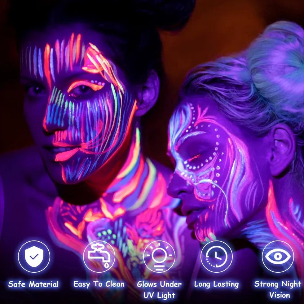 AOOWU Zestaw farb do twarzy 8 kolorów UV neonowa fluorescencyjna nietoksyczna z pędzlem paletowym