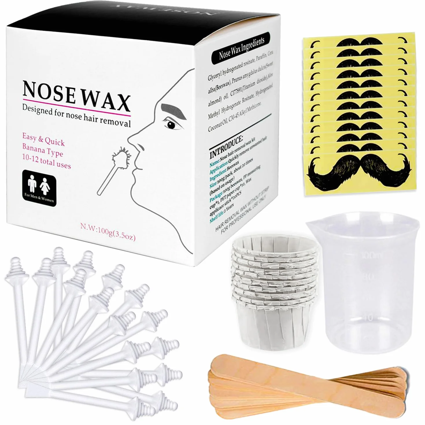Nose Wax Kit zestaw do usuwania włosów z nosa dla mężczyzn i kobiet, 100 g, wosk do włosów w nosie, 20 bezpiecznych aplikatorów, 10 pojemników i 10 szablonów do wąsów, bezpieczny, prosty, szybki