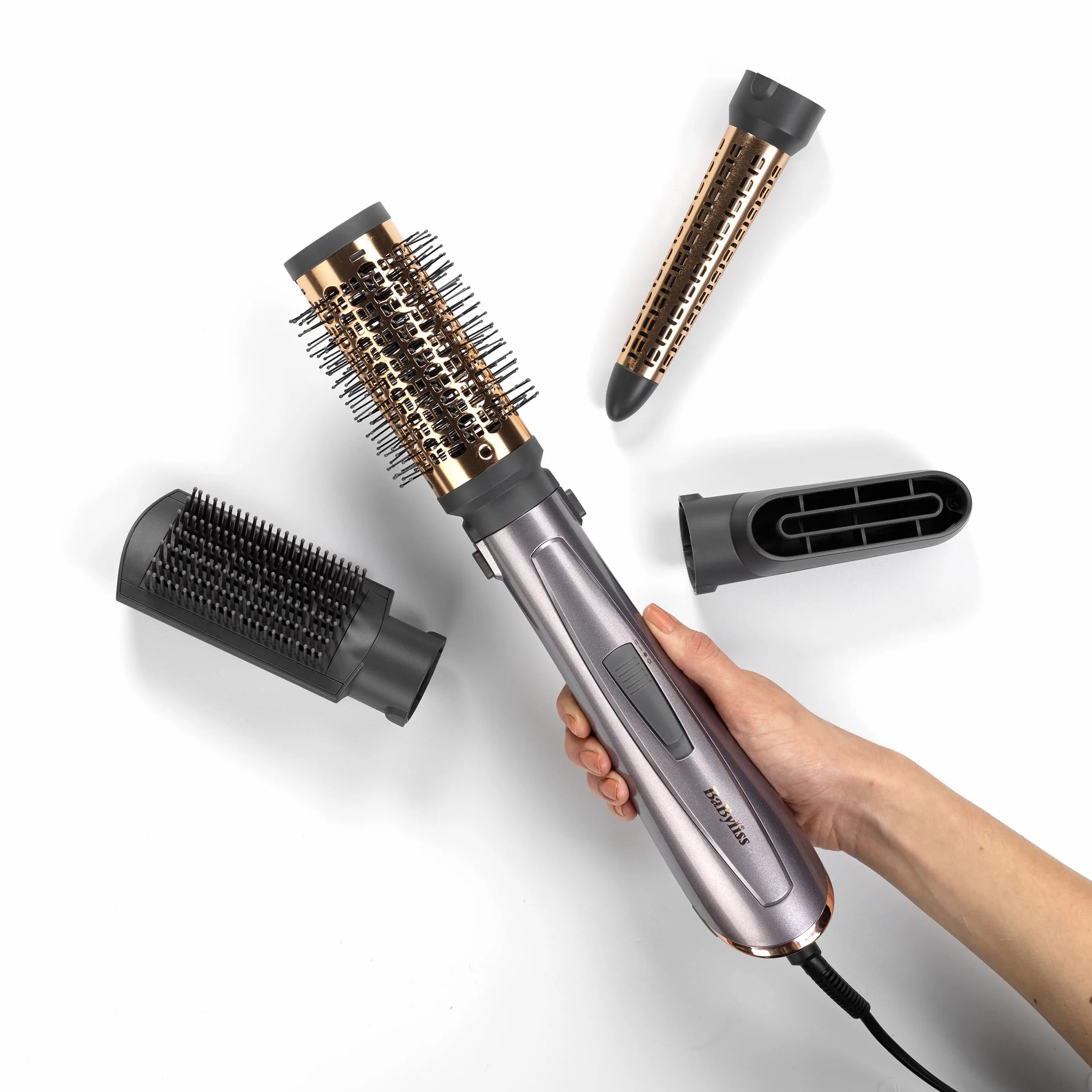 BaByliss Air Styler 1000W - wielofunkcyjna suszarka do włosów, nadająca objętość i lokówka, zaawansowany system jonizacji, kręcenia włosów, 4 nakładki, miedziano-szary, AS136E