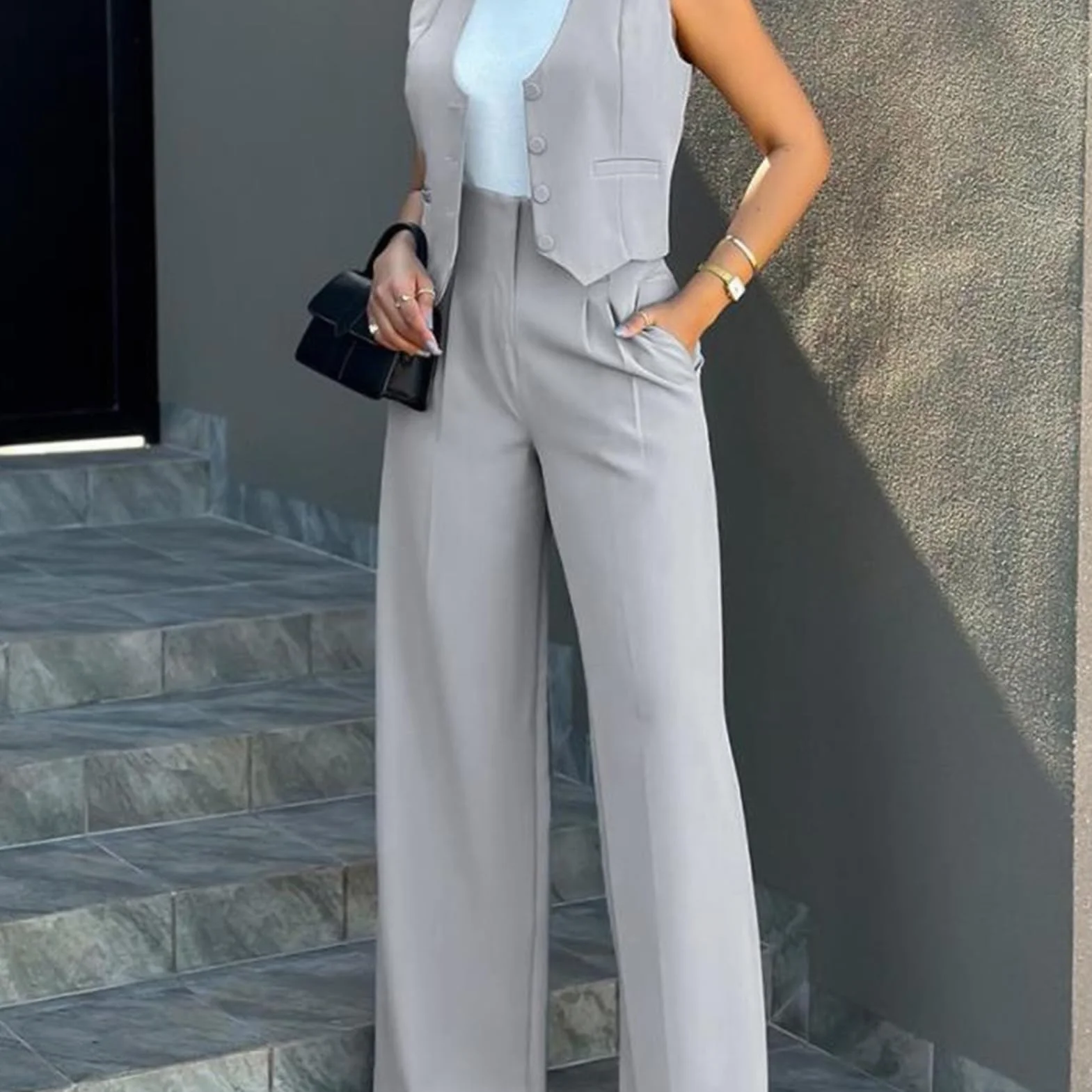 Kamizelka damska garnitur damski spodnie z szerokimi nogawkami z kamizelką bez rękawów jednolity kolor wysoka talia elegancka damska workowate spodnie zestaw casual streetwear