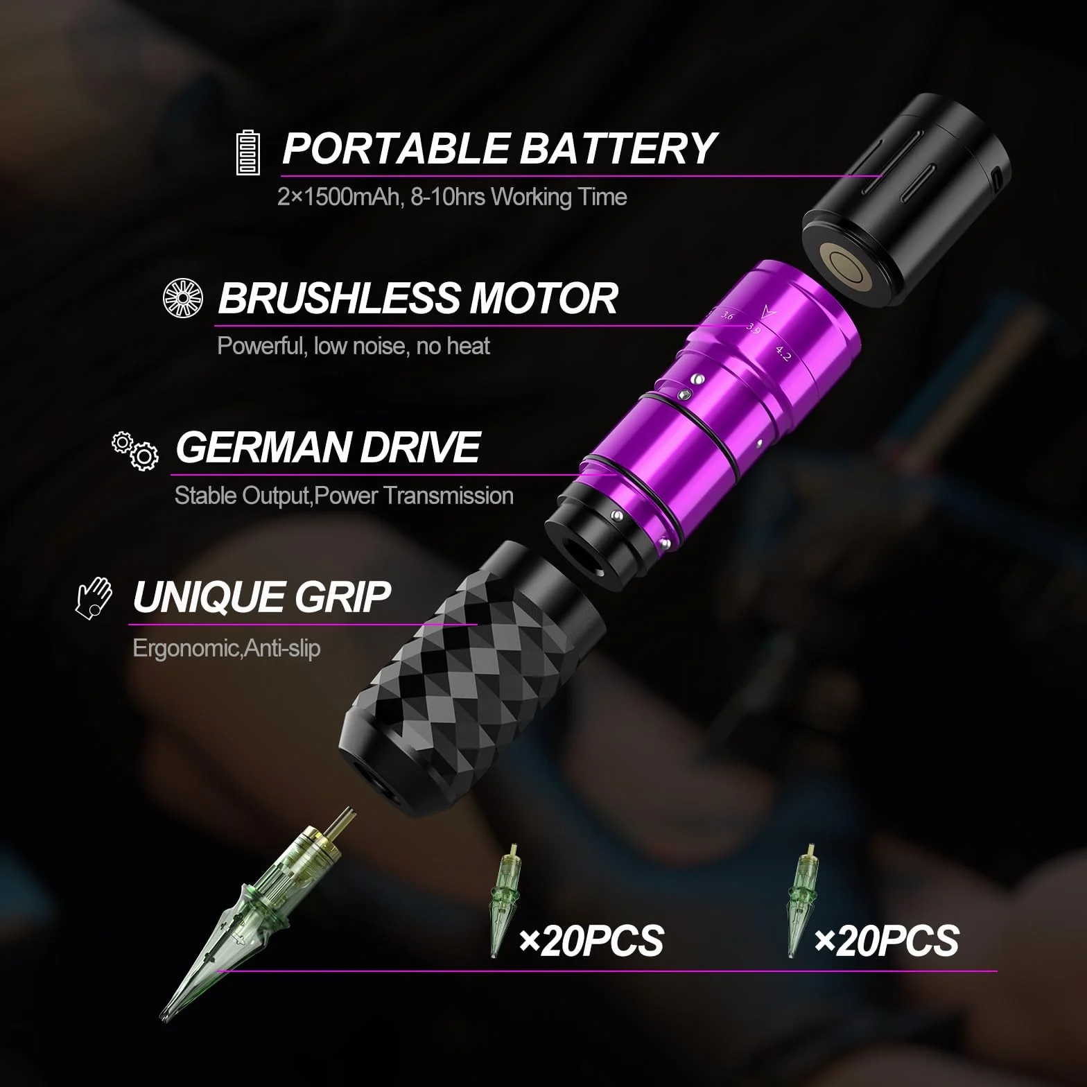 Solong Tattoo SL-TK0001EU-4 zestaw 2 baterii, 7 uderzeń, obrotowy pistolet do tatuażu z cyfrowym wyświetlaczem LCD, 40 igieł do kartridży, 30 ml, czarny tusz dla początkujących i artystów