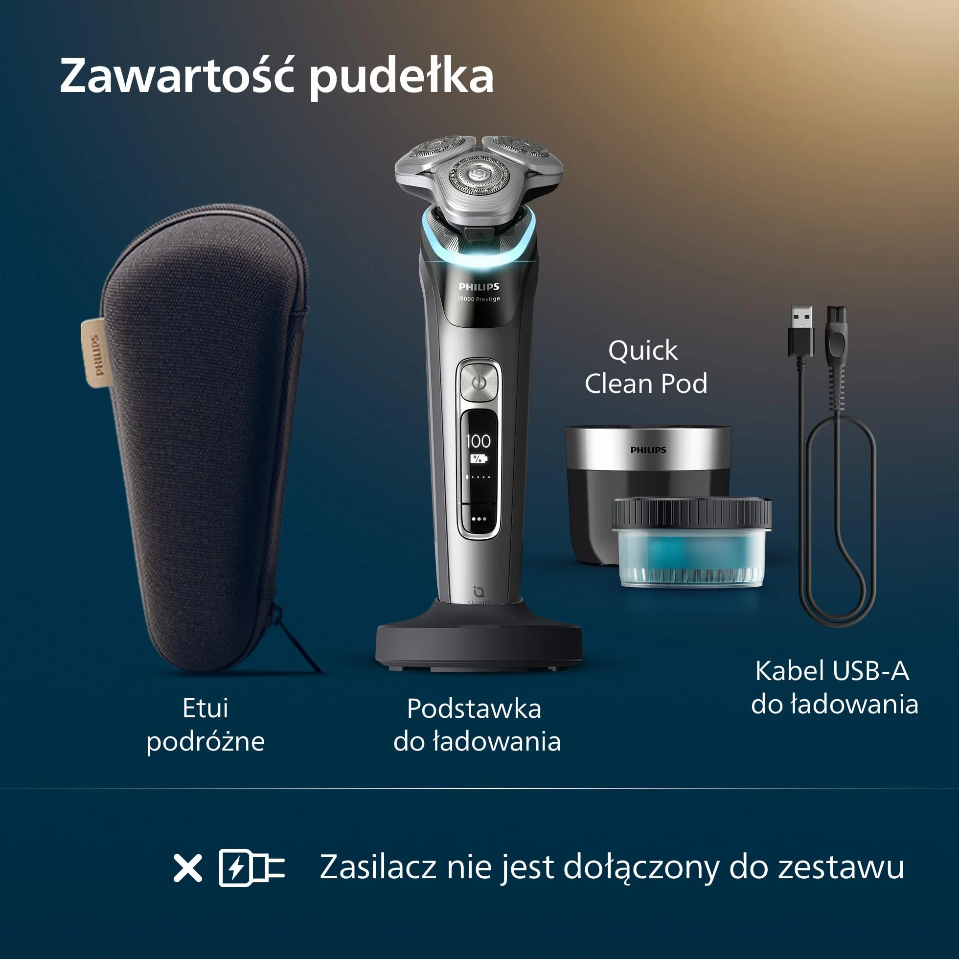 Philips Shaver i9000 Prestige, golarka elektryczna do golenia na sucho i mokro z technologią Skin IQ, System Triple Lift & Cut, podwójne ostrza SteelPrecision 360º, stacja czyszcząca, Model XP9202/30