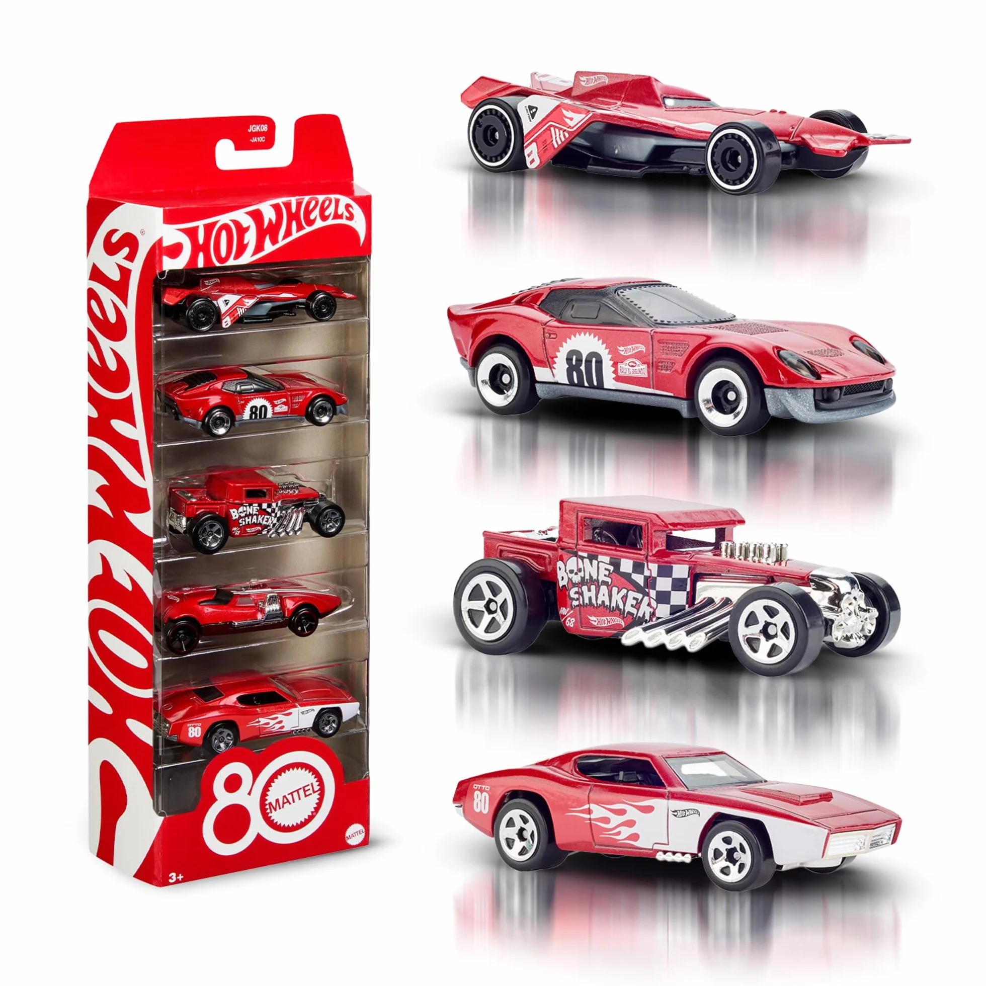 Hot Wheels Mattel 80-lecie Samochodziki 5-pak w skali 1:64 z wyjątkowymi dekoracjami i opakowaniem, zestaw prezentowy 5 pojazdów na 80 rocznicę firmy Mattel, JGK08