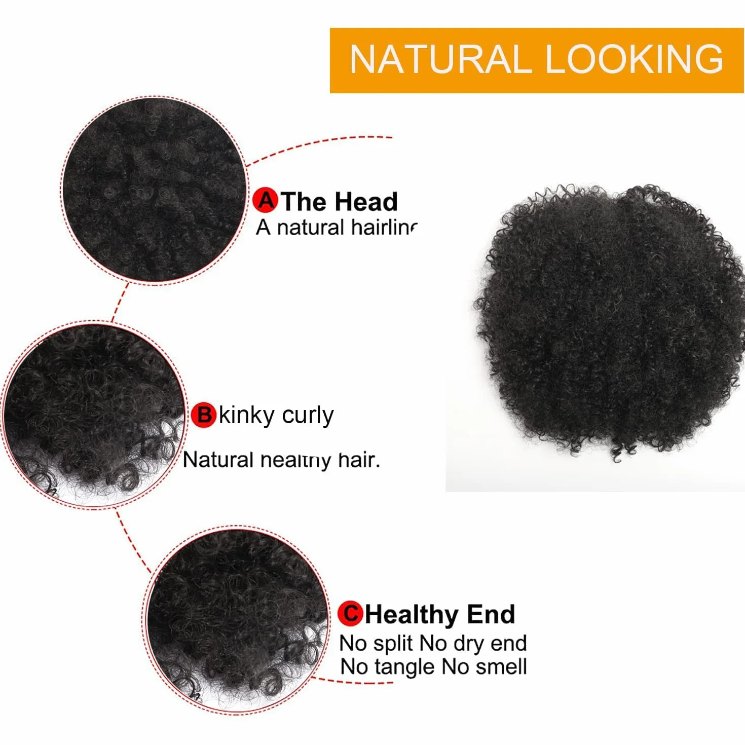 Syntetyczny kucyk typu Afro Puff, kręcony, z ściągaczem i dwoma klipsami, krótkie włosy typu kinky curly, doczepiany kok dla czarnoskórych kobiet, kolor 1B