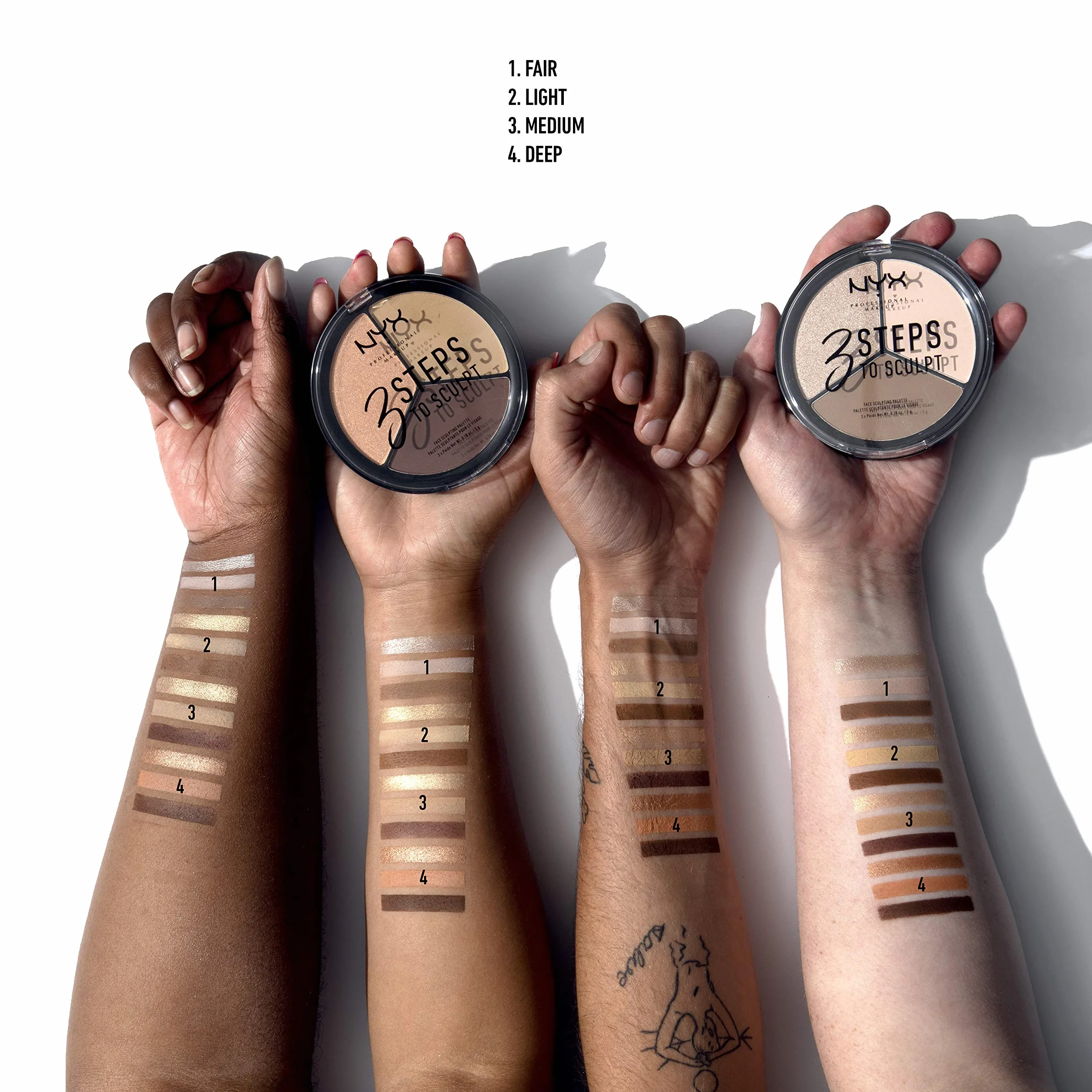 NYX Professional Makeup 3 Steps To Sculpt Face Sculpting Palette paleta do konturowania twarzy, pudry w dwóch odcieniach i rozświetlacz, karnacja jasna, Fair 01, 15 g