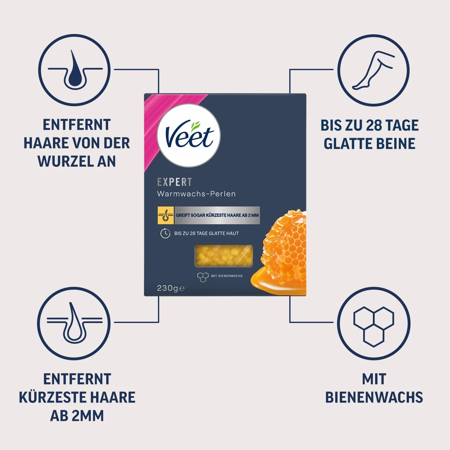 Veet Perły woskowe z woskiem pszczelim do elektrycznych urządzeń do wosku lub kąpieli wodnej – proste dozowanie – gładka skóra do 28 dni – 1 x 230 g z drewnianą szpatułką