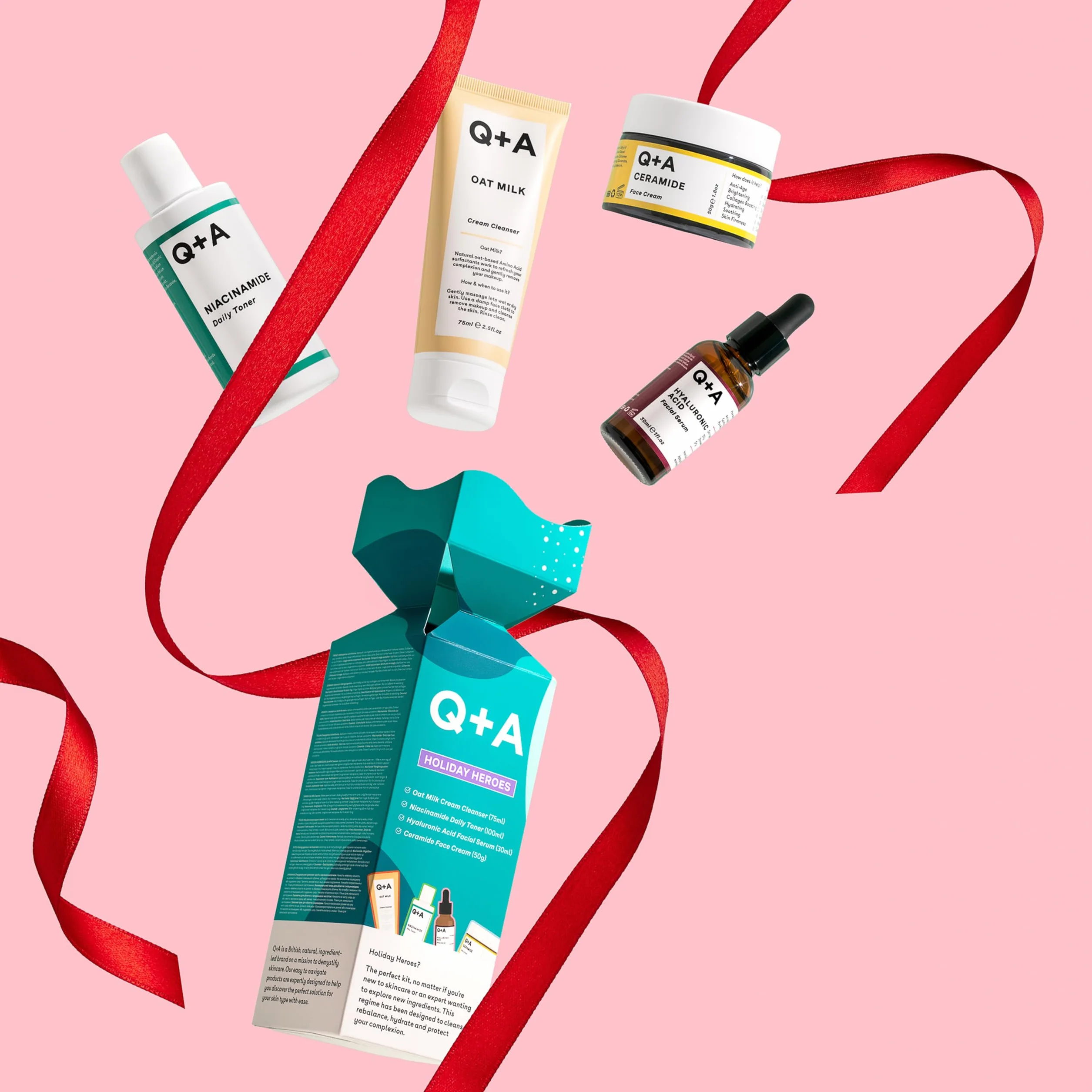 Zestaw prezentowy Q+A Holiday Heroes – 4-etapowy program z Oat Milk Cleanser, Niacinamide Toner, Hyaluronic Acid Serum, Ceramide Face Cream – Wegański, Nietestowany na zwierzętach