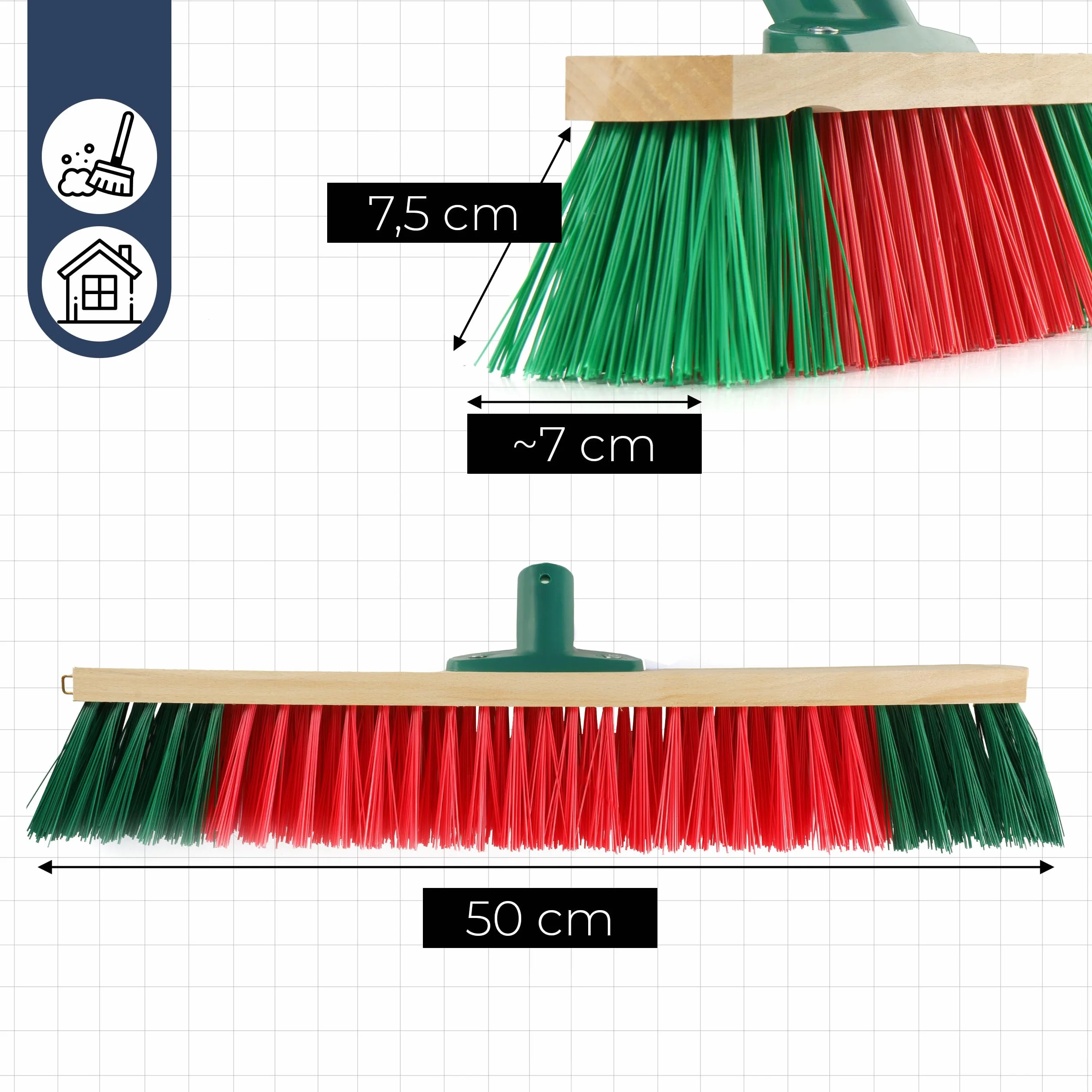 Miotła Szczotka Ulicówka Głowica miotły 50x7 cm Zamiatacz Drewniana Oprawa Szczotka Nylon Wytrzymała Miotła Do Kostki, Chodnika, Ulicy Miotła Bez Kija Otwór 2 cm, Mocny Nylon
