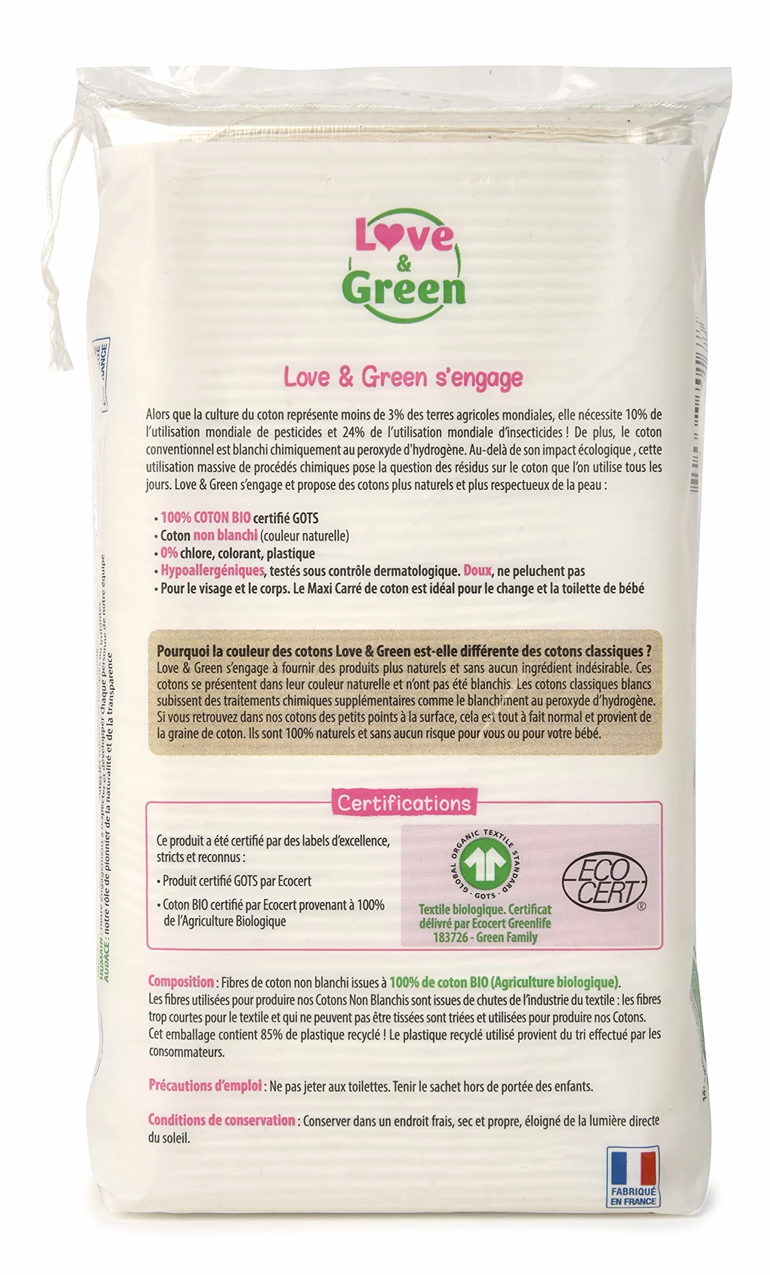 Love & Green Maxi-kwadraty, bawełna organiczna, 70 sztuk