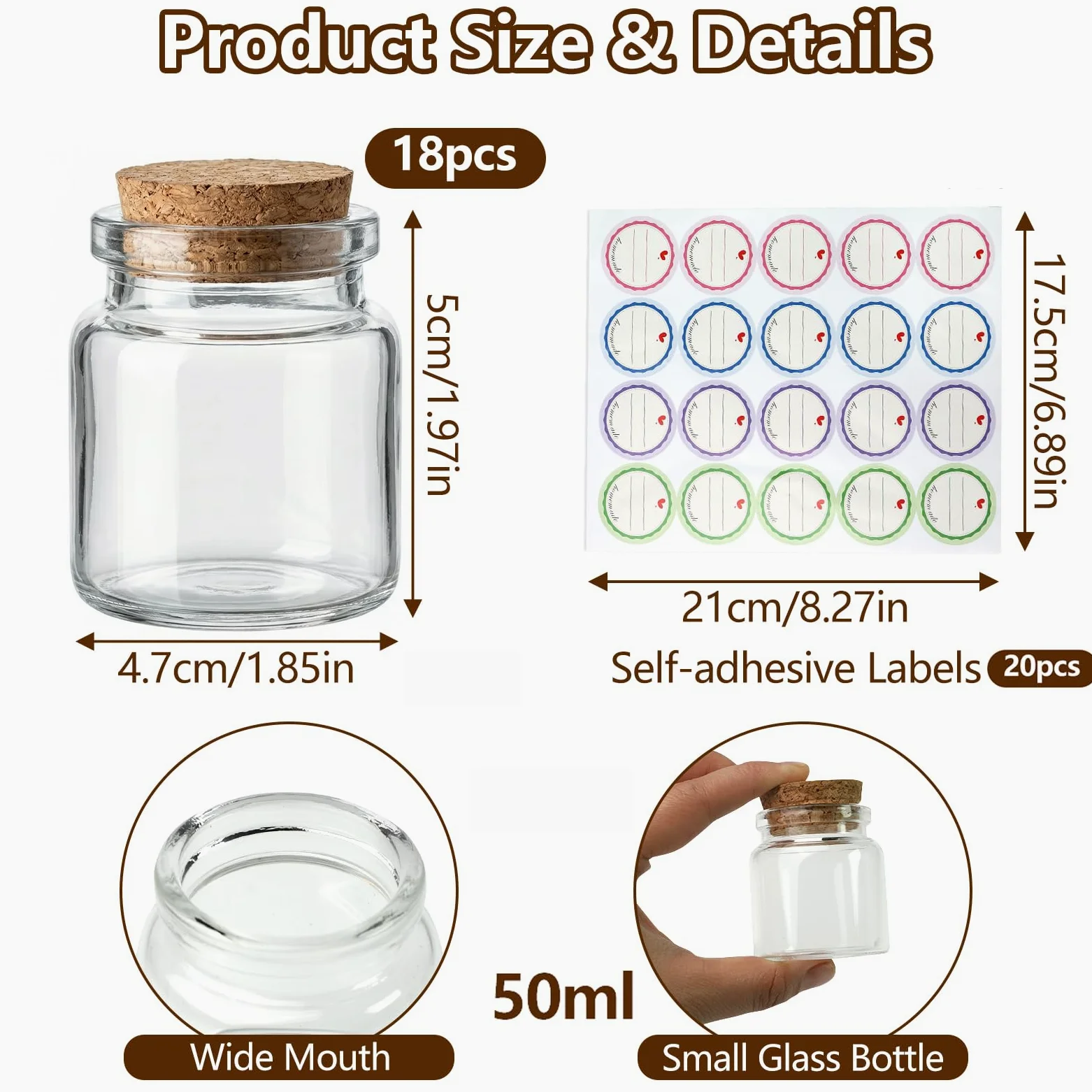Zestaw 18 mini szklanych buteleczek (50 ml) z korkiem do napełniania, puste małe buteleczki, słoiki na przyprawy, na prezent ślubny, przyprawy kuchenne, do majsterkowania, na imprezy, z 20 etykietami