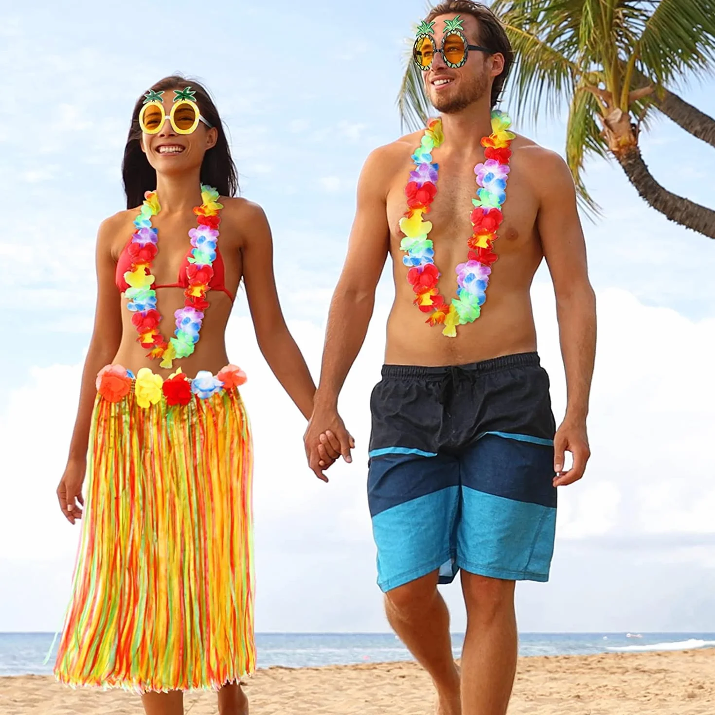 Hawajskie girlandy spódnica hula, zestaw akcesoriów, spódnica z trawy hula, kwiat Lei, Luau, girlanda, ananas, okulary, naszyjnik, fantazyjny kostium, dla dzieci, dziewcząt, kobiet, nowość, spódnice