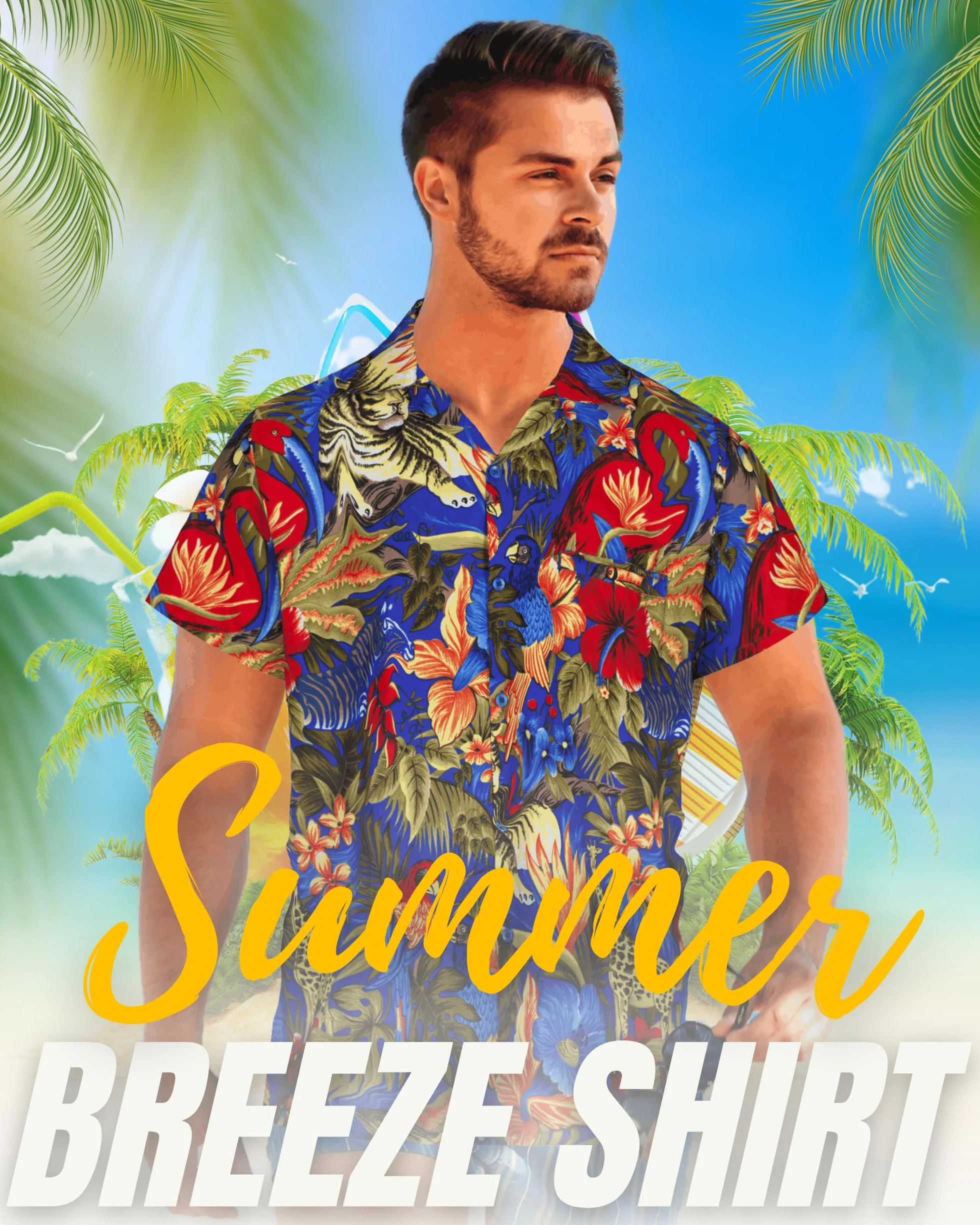 Hawaii Hemd Männer – Kurzarmhemd Herren – Magnum Hawaiihemd Kurzarm –Leichtes Sommerhemd mit Dschungel-Print als Mallorca Party Outfit, Sommerparty oder Festival Outfit, Dart Shirt