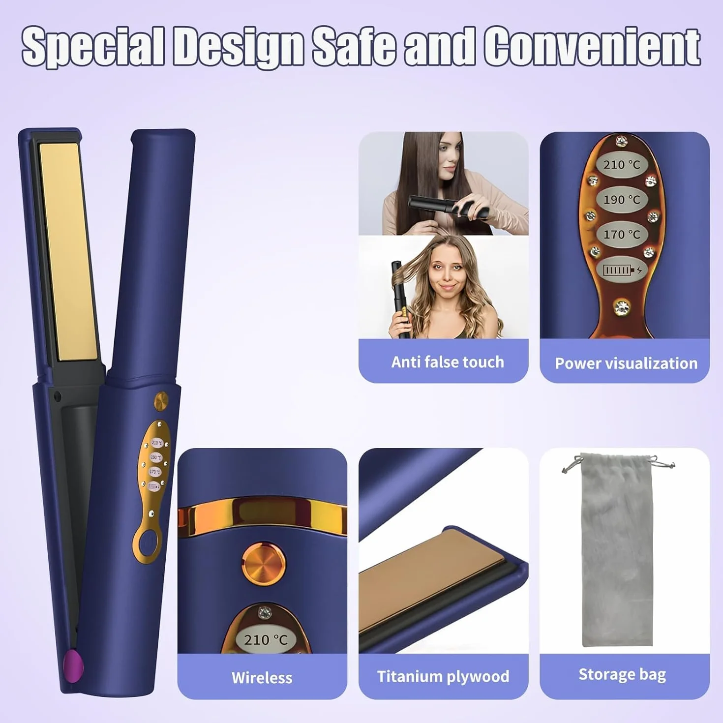 OBEST Prostownica bezprzewodowa, 2 w 1, do loków i prostowania, przenośna prostownica USB, szybkie nagrzewanie ceramiczne, 3 regulowane temperatury, 5000 mA