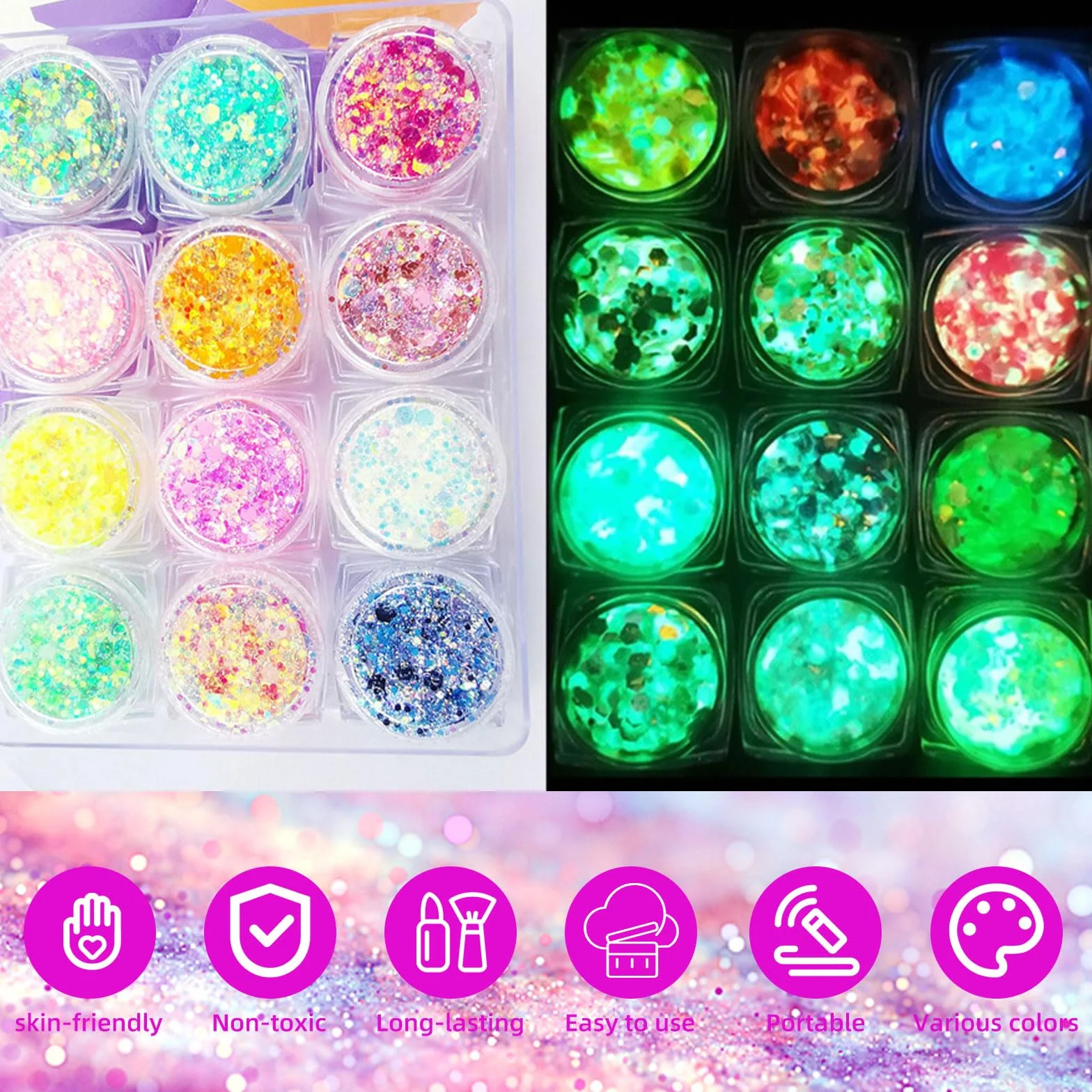 Fluorescencyjny brokat, 12 kolorów, żel brokatowy do paznokci i ciała, twarzy, włosów, dekoracji odzieży, cekinów do makijażu i akcesoriów festiwalowych