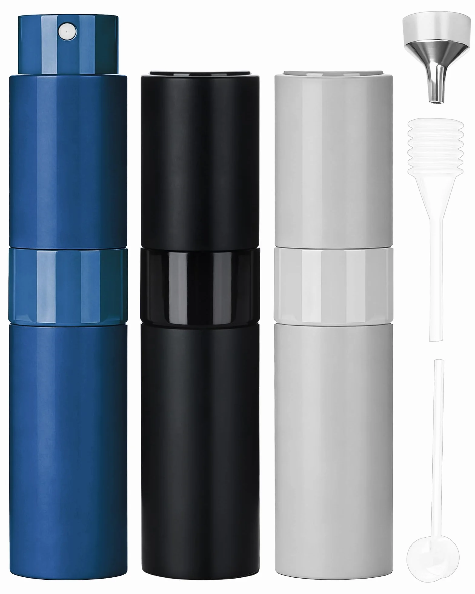 Pojemnik na Perfumy Podróżny, 8ml Atomizer do Perfum Wielokrotnego Napełniania 3 Sztuki, Butelki Perfum Próżne Mini Kieszonkowe, Pojemnik na Płyn Podróżny z Lejkiem (Czarny+Niebieski+Srebrny)