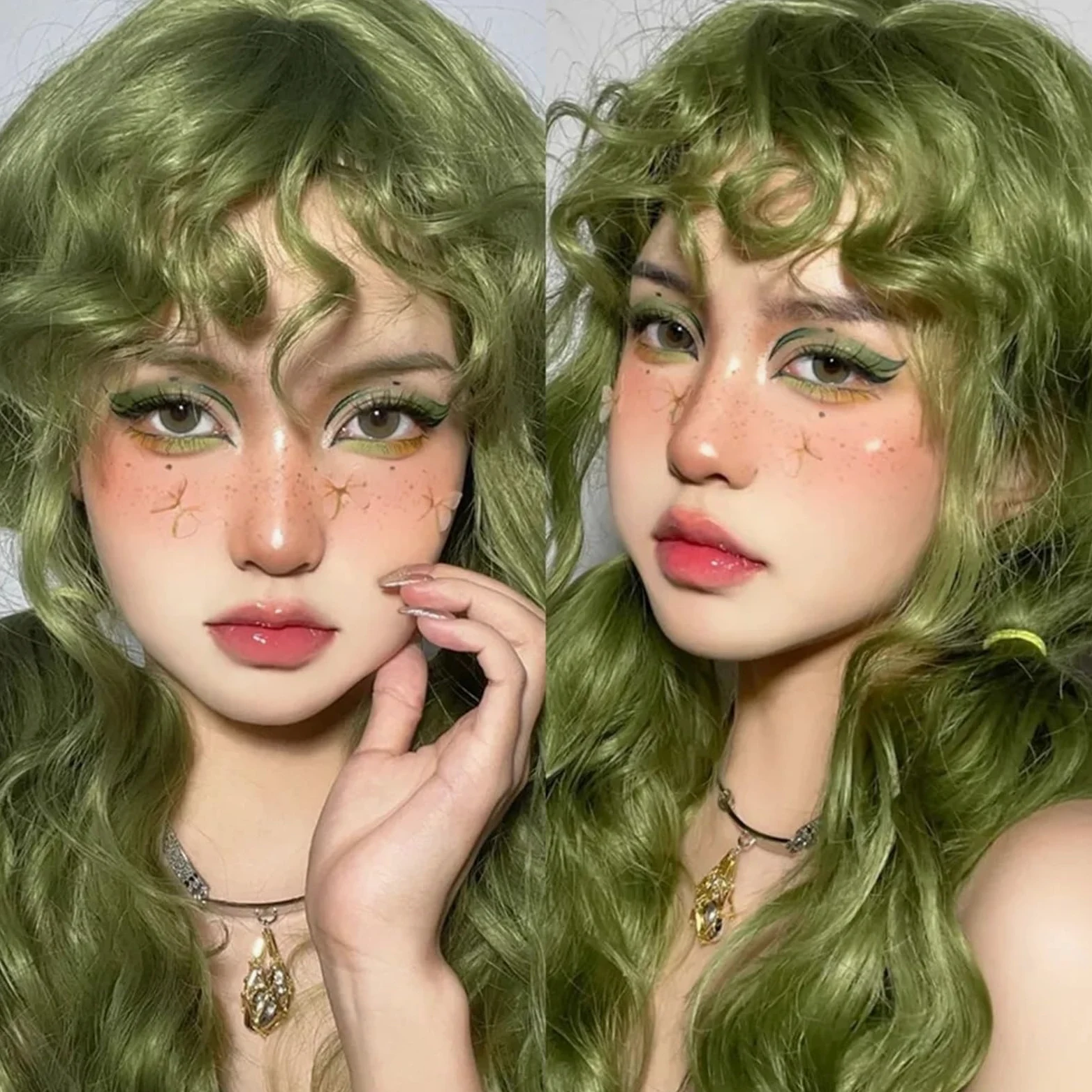 Peruka damska Jasnozielone kręcone peruki syntetyczne z włóknem termoodpornym grzywką na imprezę cosplay Peruki ludzkie