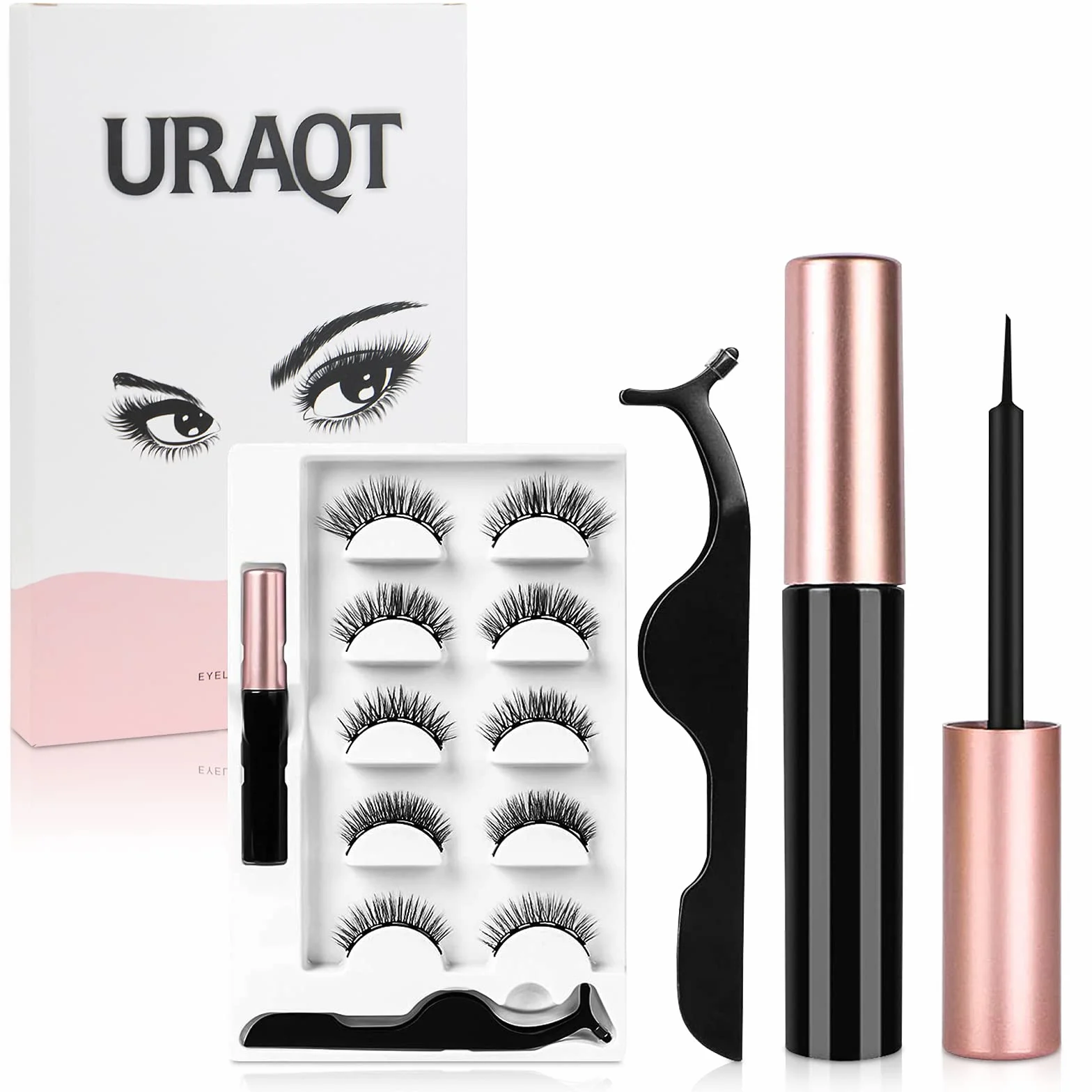 URAQT 5 par magnetycznych, grubych, długich, sztucznych rzęs 3D, z eyelinerem, naturalnie magnetyczne rzęsy, zestaw ze szczypcami, wodoodporne i wielokrotnego użytku