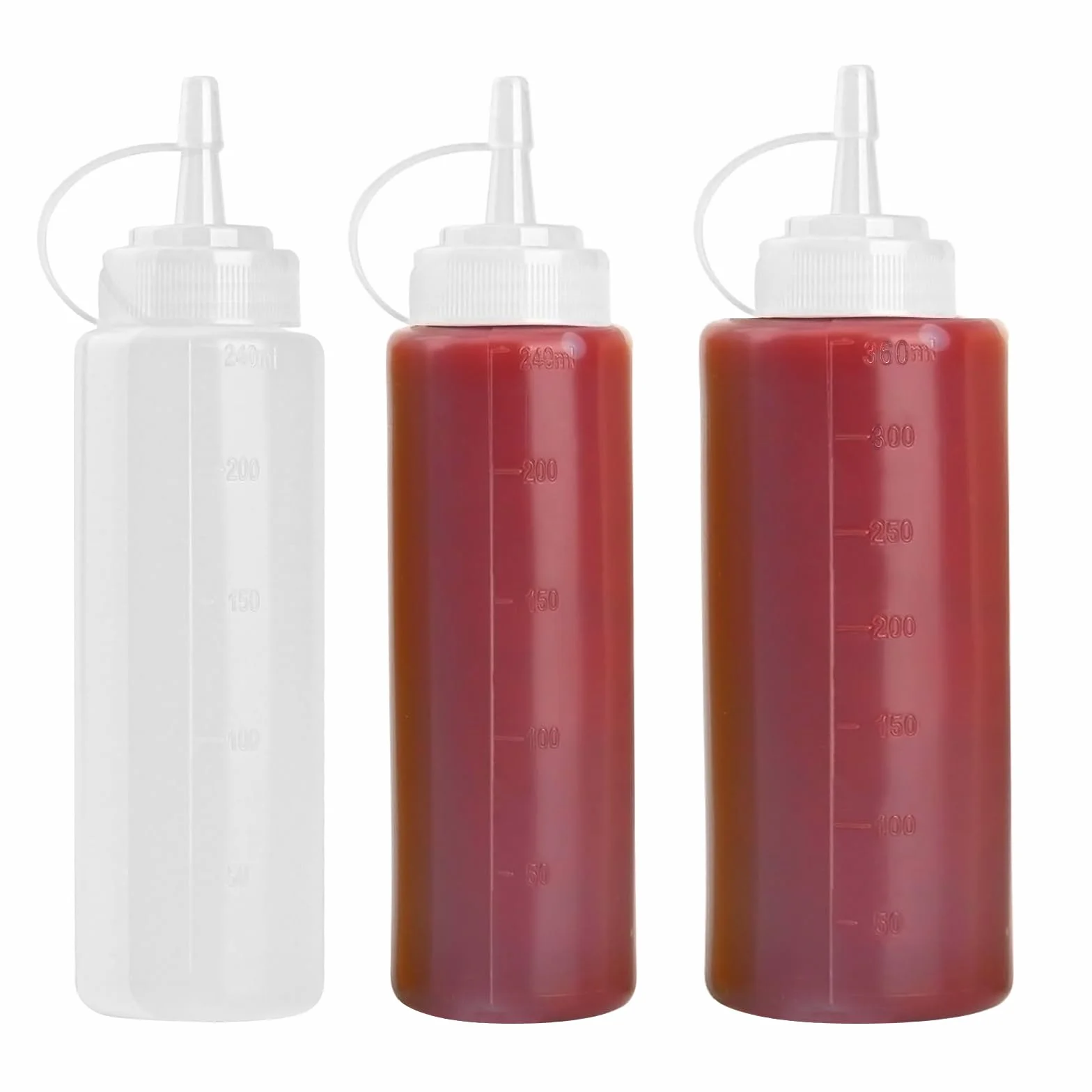Plastikowa butelka z wyciskaniem, 3 sztuki, przezroczysta butelka z przyprawami, dozownik z nakrętkami, butelka na olej, do keczupu musztardy Mayo Gorące sosy oliwa z oliwek (240 + 360 ml)