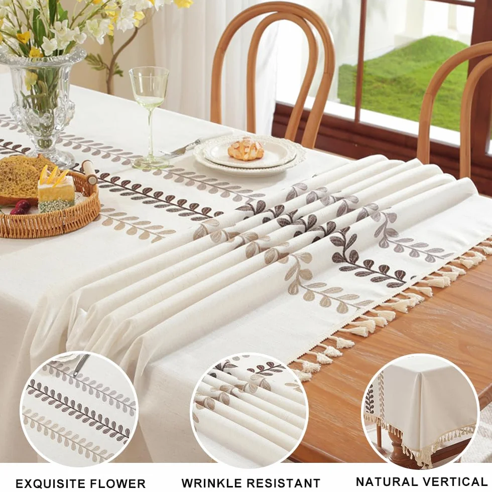 Obrusy prostokątne, bawełniane, lniane, frędzle, obrus, wodoodporny, bez zagnieceń, obrus na stół do kuchni, jadalni, dekoracja stołu, biały, 140 x 140 cm