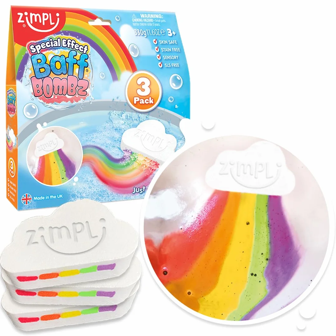ZIMPLI - 3 x Large Cloud Rainbow Baff Bombz, stwórz tęczowy efekt i musującą przygodę podczas kąpieli, musujące kule do kąpieli, świąteczny prezent dla dzieci