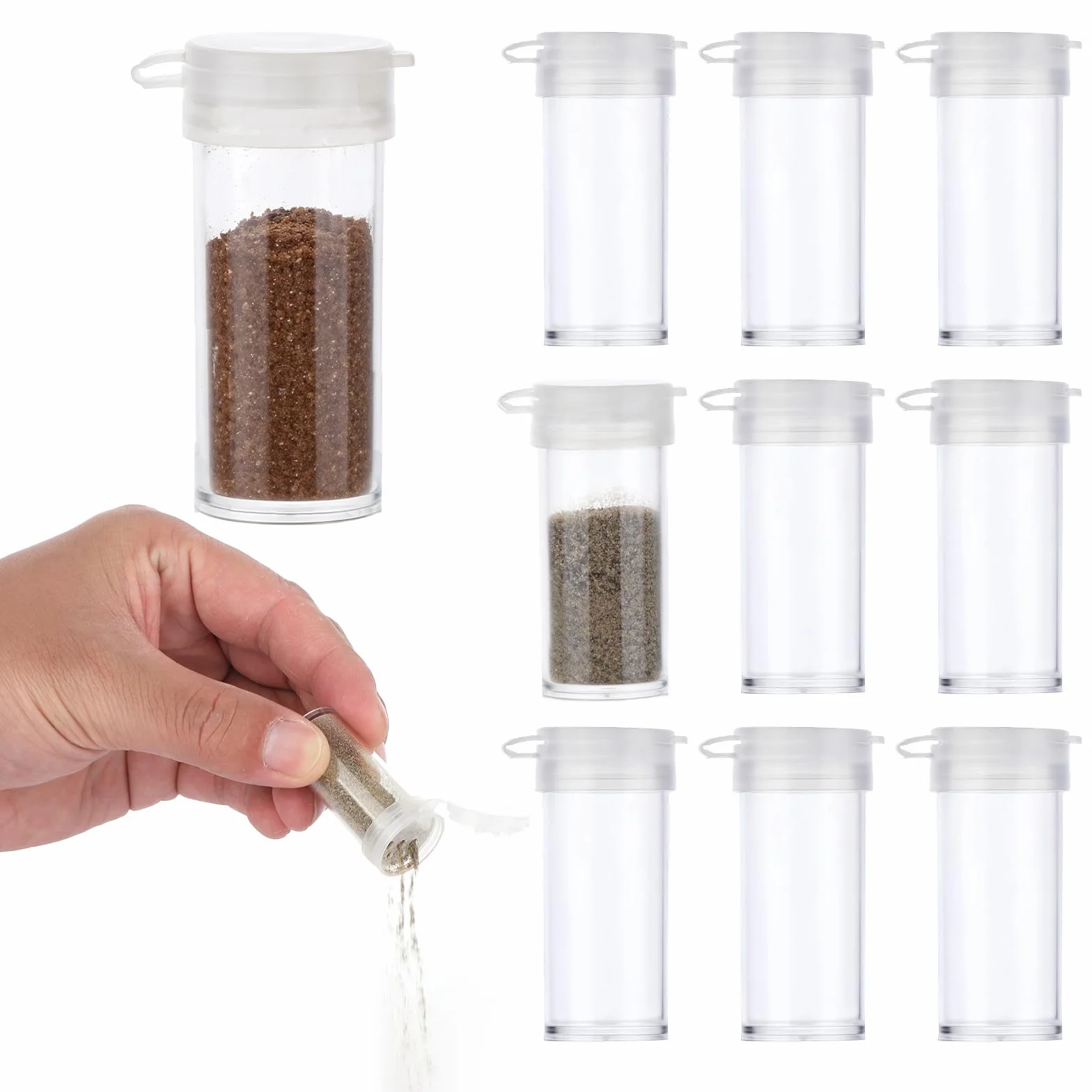 Zestaw 10 mini solniczek do soli z butelek na przyprawy, małe solniczki i pieprzniczki, plastikowe, mini solniczki w podróży, do solenia i pieprzniczek, 10 szt