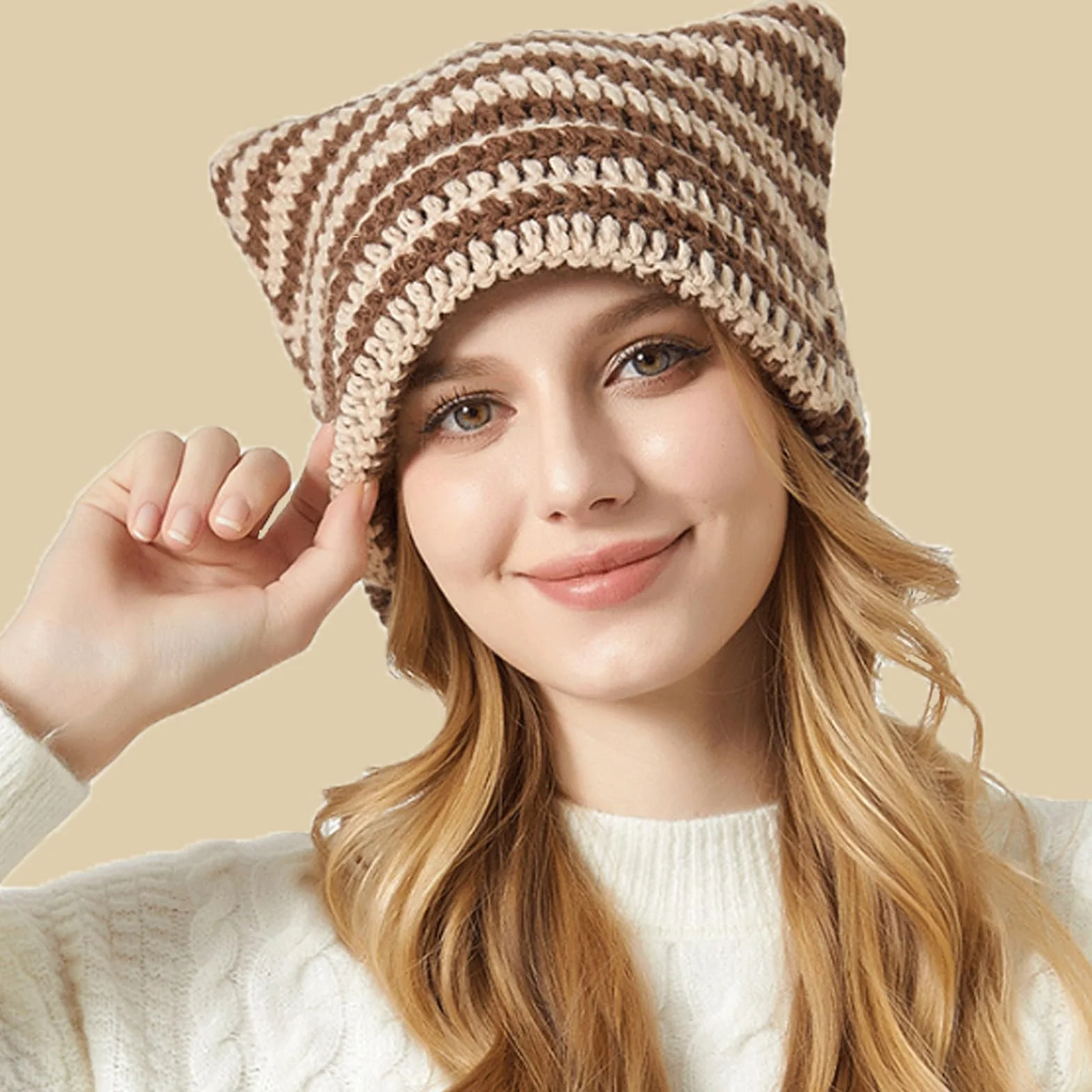 JAWAI Czapka z uszami kota, czapka Y2k Cat Beanie, czapka z uszami kota, czapka z uchem z dzianiny, czapka kota, ciepła i elastyczna zimowa czapka z dzianiny, Beżowy; Curry, 56 cm - 58 cm