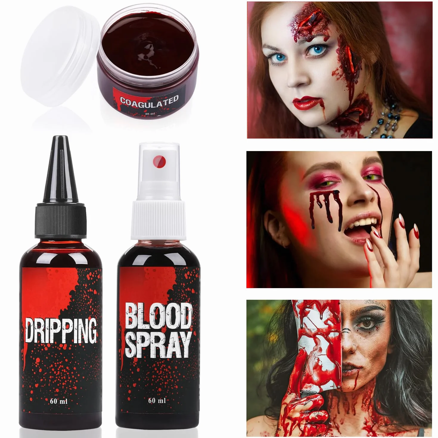 Zestaw sztucznej krwi, 60ml sztucznej krwi w sprayu i 60ml krwi kapiącej oraz 40ml żelowej krwi skupionej, sztuczne makijażowe malowanie ciała na Halloween, do kostiumów zombie, wampira i