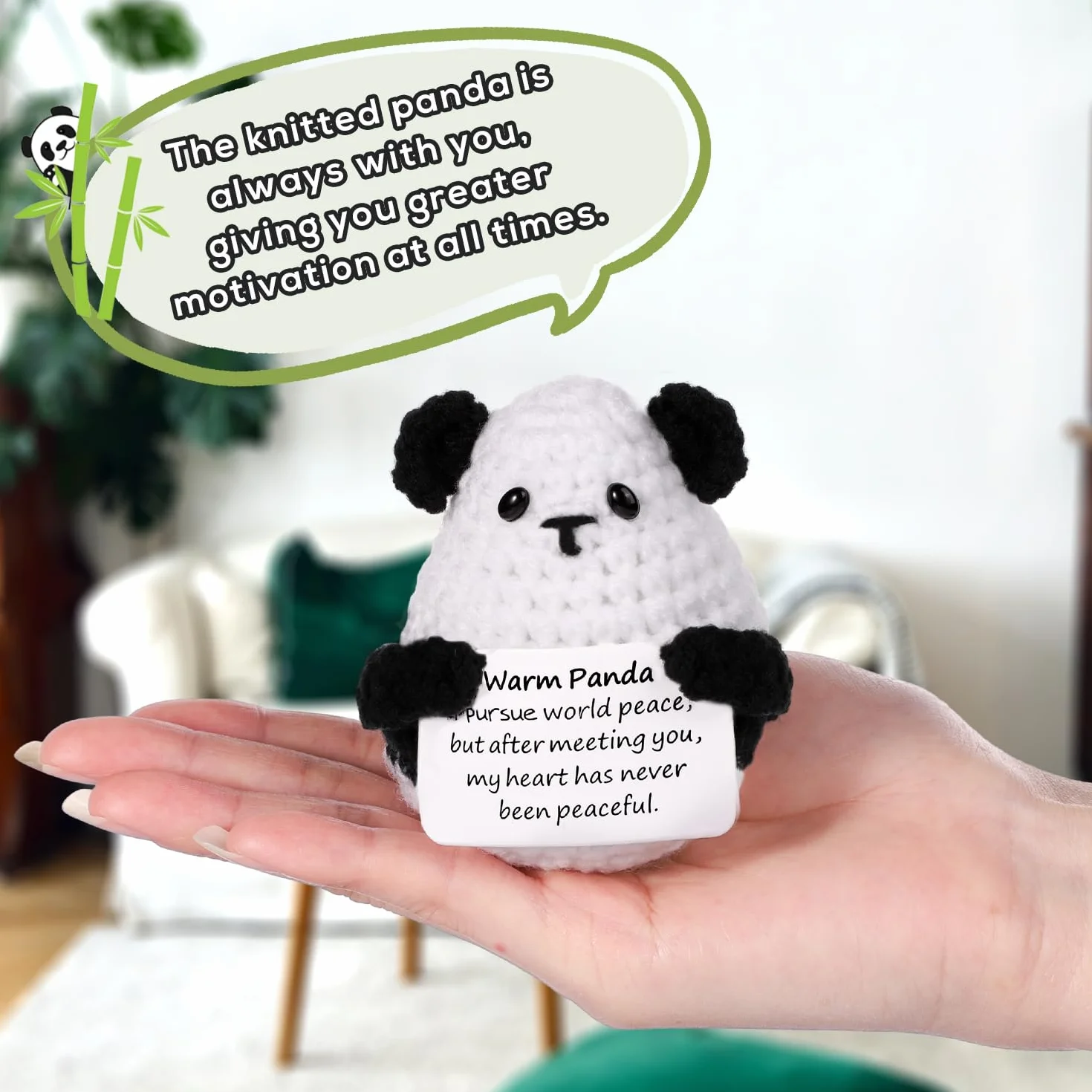 Zabawna Pozytywna Panda, 7,5cm Kreatywna Urocza Lalka Panda z Dzianiny z Inspirujaca Karta Ciekawy Szydelkowy Panda na Pluszowy Prezent Urodzinowy Dekoracja Imprezowa Zacheta
