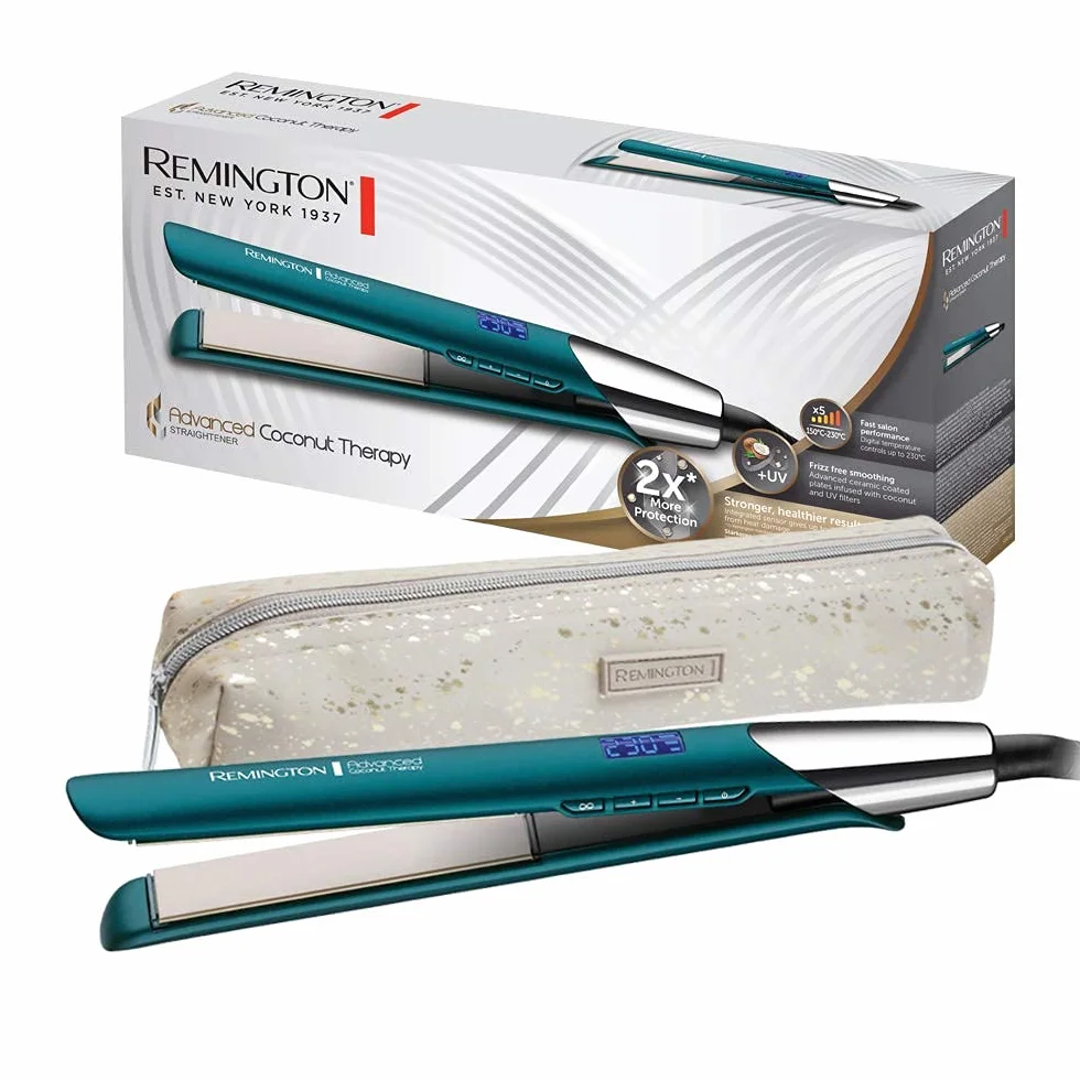 Remington Advanced Coconut Therapy prostownica (wysokiej jakości powłoka ceramiczna wzbogacona filtrem kokosowym i UV, zintegrowany czujnik) Wyświetlacz LCD, prostownica do włosów S8648 [Amazon Exclusive], zielony, 1 sztuka
