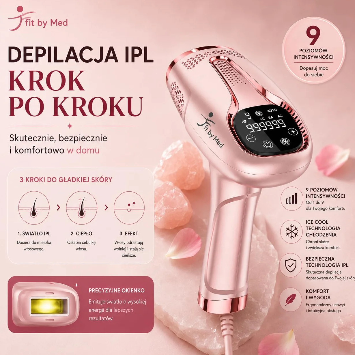 Depilator IPL z Chłodzeniem Ice Cool FitbyMed 1 000 000 Impulsów 9 Poziomów Mocy Tryb AUTO Czujnik Skóry Różowy