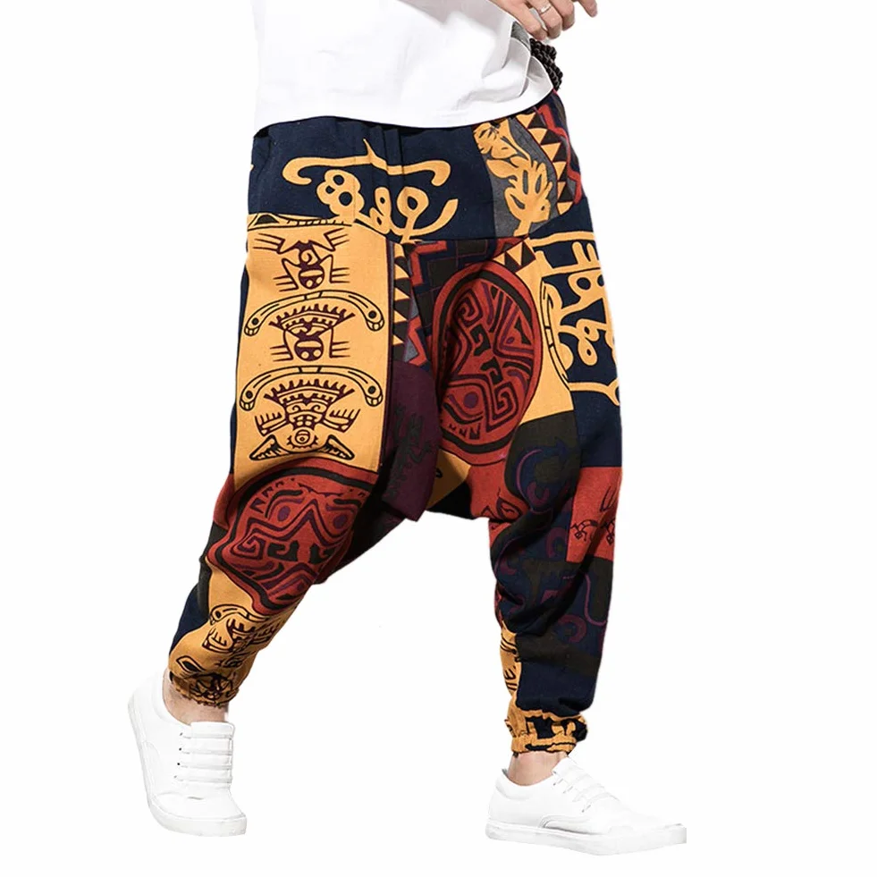 Męskie luźne spodnie hip-hopowe bawełniane lniane Harem Aladdin Yoga Casual Bohemia Bloomers spodnie z nadrukiem z kieszeniami