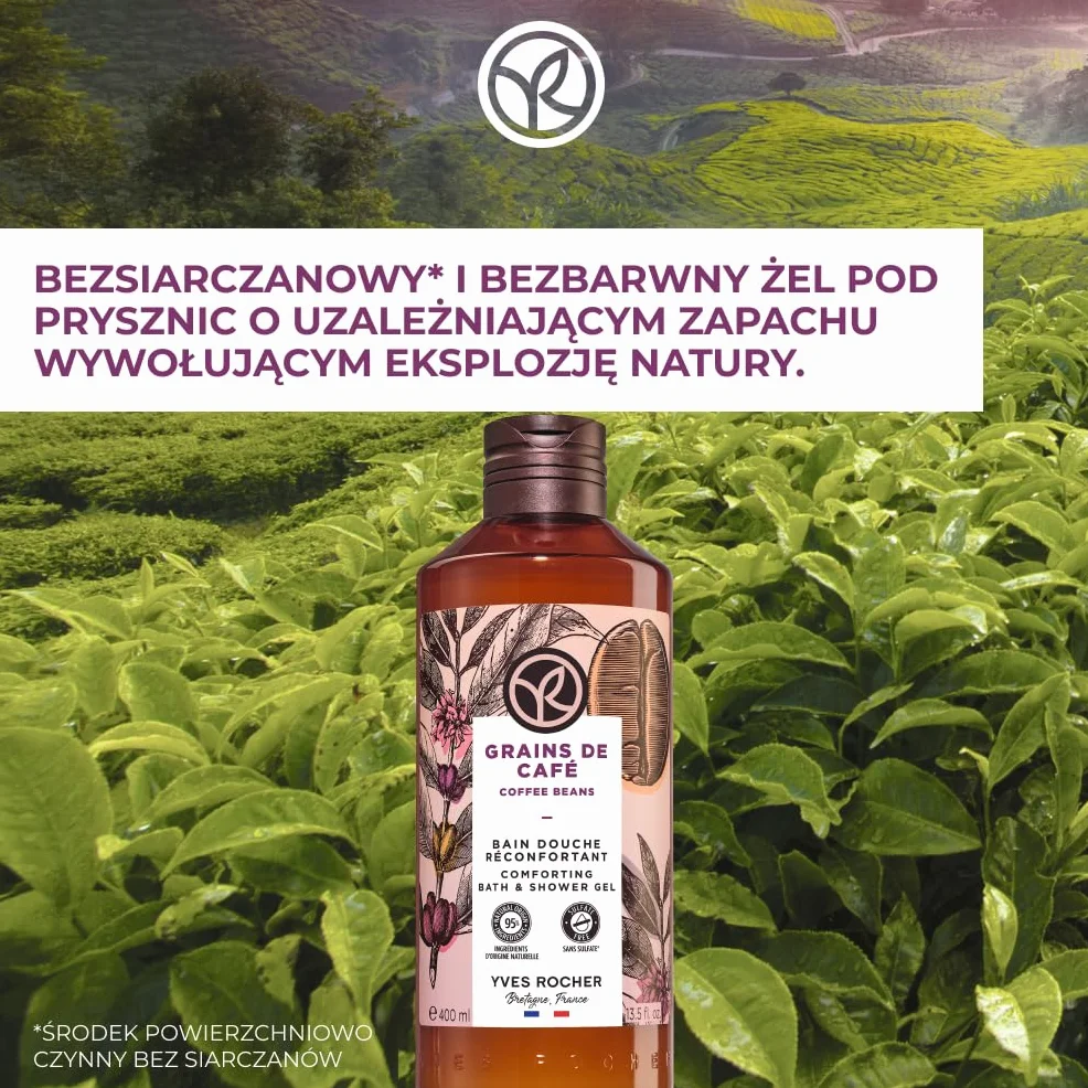 Yves Rocher Bain de Nature Ziarna Kawy – Energetyzujący i wyrafinowany żel pod prysznic i do kąpieli, aromatyczna pianka z ekstraktem, wegańska formuła, butelka z recyklingu, duża pojemność, 400 ml