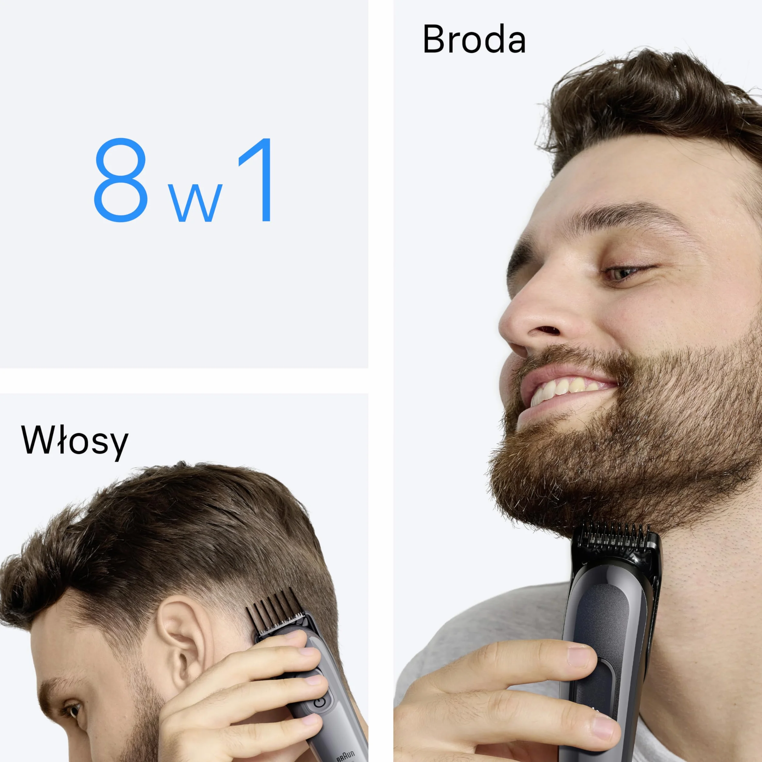 Braun Series 3 Wielofunkcyjny zestaw do pielęgnacji ciała, 8 w 1, niezwykle ostre ostrze, 14 ustawień długości, zarostu i włosów, 50-minutowy czas działania, łatwa i szybka stylizacja, AIO3540, szary