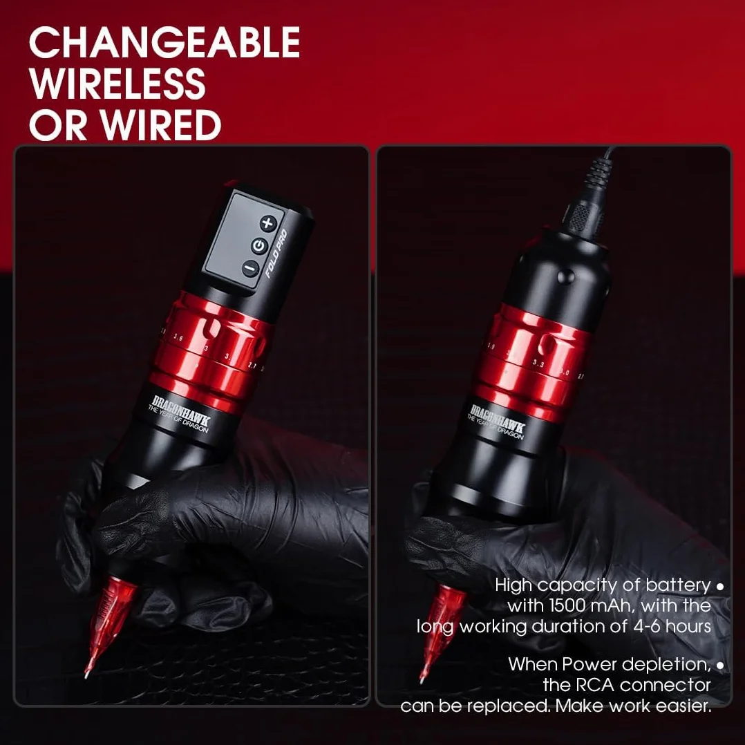 Dragonhawk Fold Pro Wireless Tattoo Pen Rotary Machine Adjust Stroke 2.4-4.2mm Year of Dragon Edition Red
