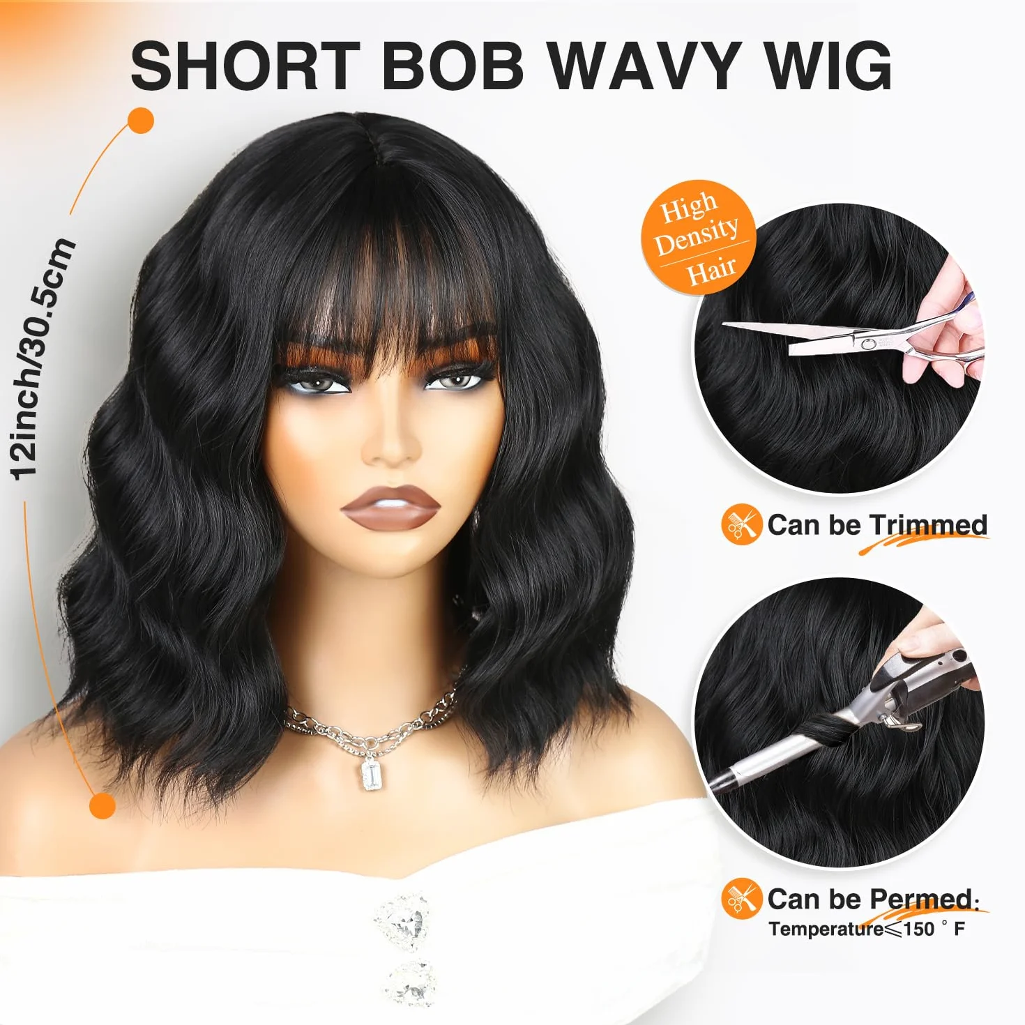 WIGNEE Krótka falista kwadratowa peruka z grzywką, ombre blond, 30 cm, odporne na wysokie temperatury włókno syntetyczne, naturalna peruka bez kleju, dla kobiet, do codziennego użytku i na imprezę