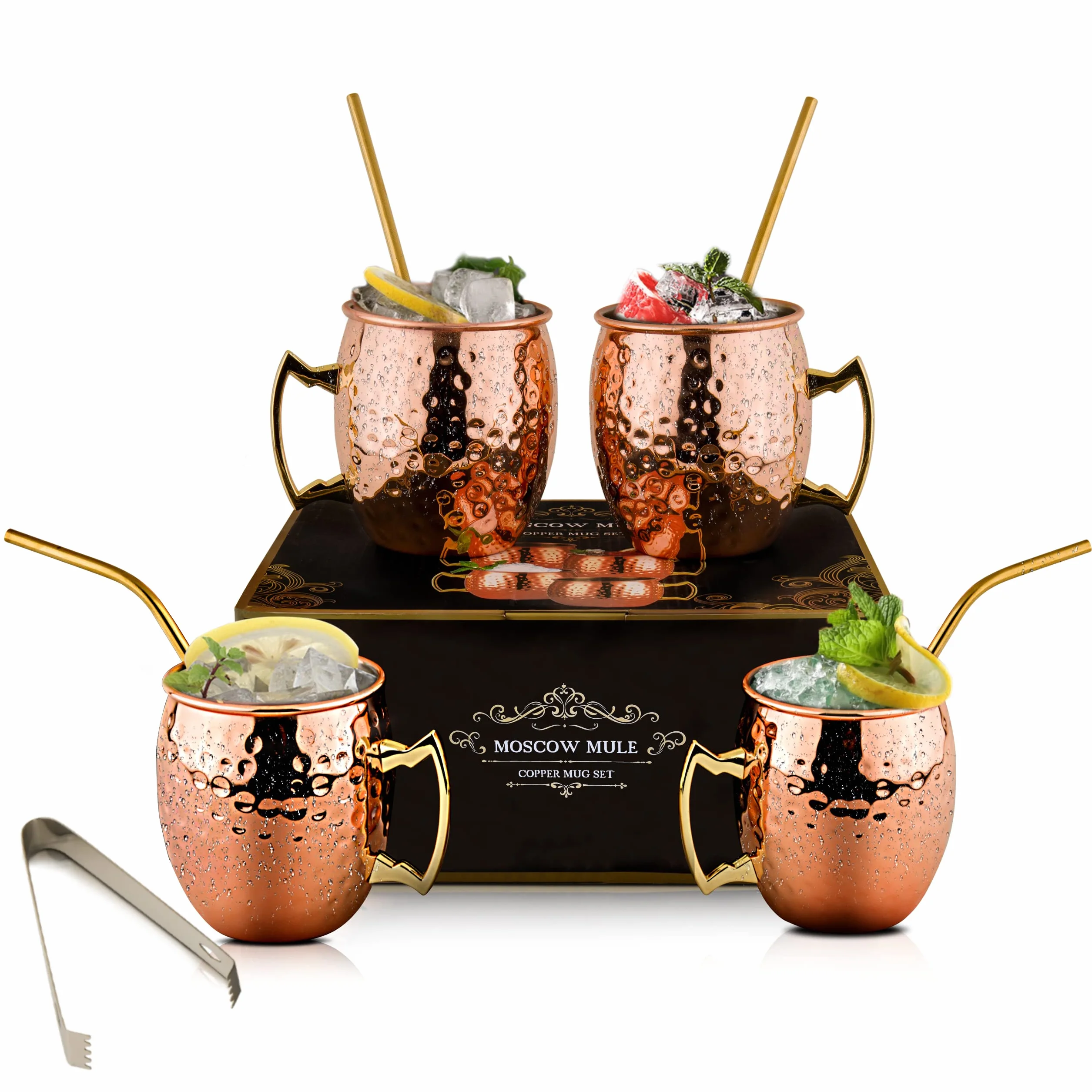 Moscow Mule zestaw 4 kubków, miedziane kubki Moscow Mule, młotkowane, ręcznie wykonane szklanki do koktajli z 4 miedzianymi filiżankami, 4 słomki, 1 szczypce do lodu, idealne dla krewnych i przyjaciół.