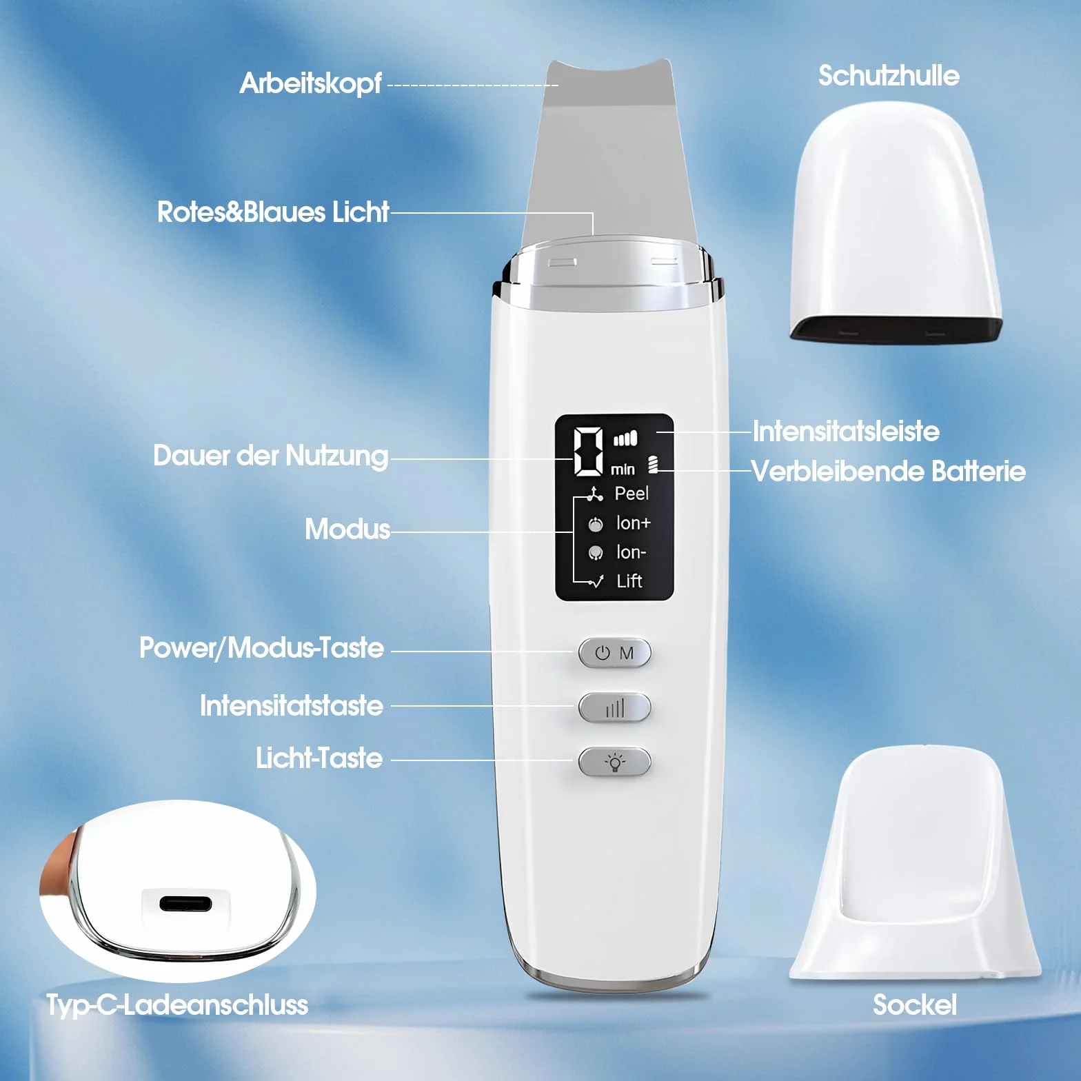 Ultrasonic Skin Scrubber Pore Cleaner z 4 trybami pracy i czerwonym niebieskim światłem