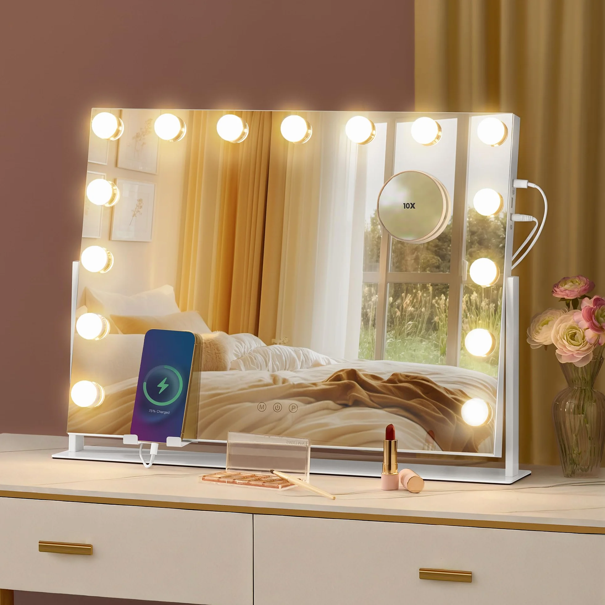 SONGMICS Podświetlane lustro do makijażu, 58 x 43 cm, lusterko kosmetyczne z 15 żarówkami LED, z portami ładowania, sterowaniem dotykowym, 3 kolorami światła, matowa biel LWM001W02