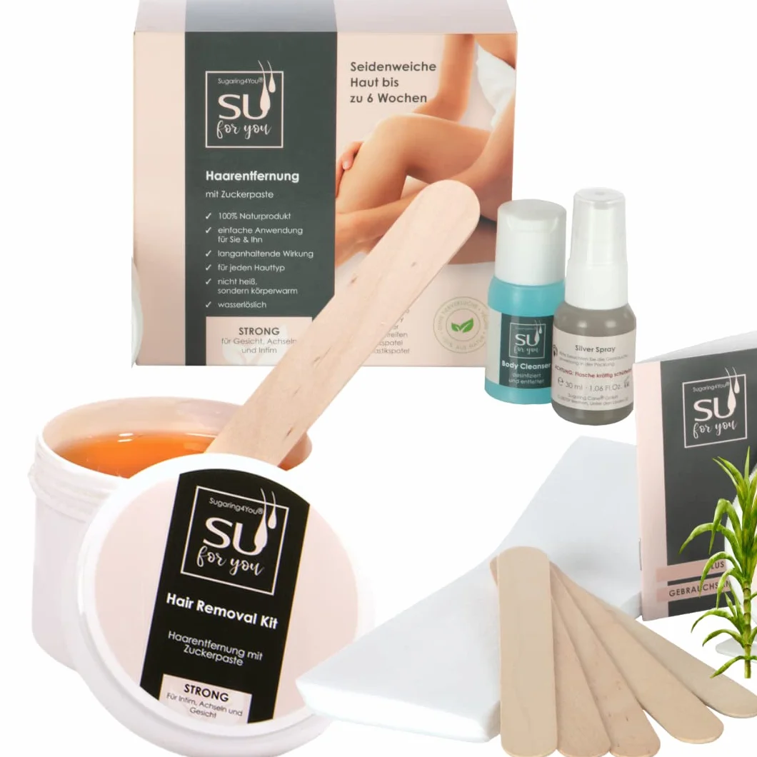 Sugaring4You +1 Pasta cukrowa zestaw kosmetyczny do delikatnego usuwania włosów | Dla stref intymnych i pach (grubość włosów) | Sugaring dla niej i niego | w zestawie Silverspray i odtłuszczacz |