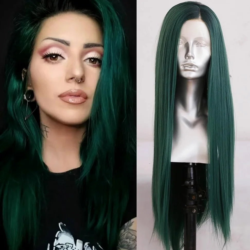 Zielone długie proste peruki dla kobiet środkowe naturalne włókna syntetyczne peruki na imprezę cosplay pełna peruka (61 cm)