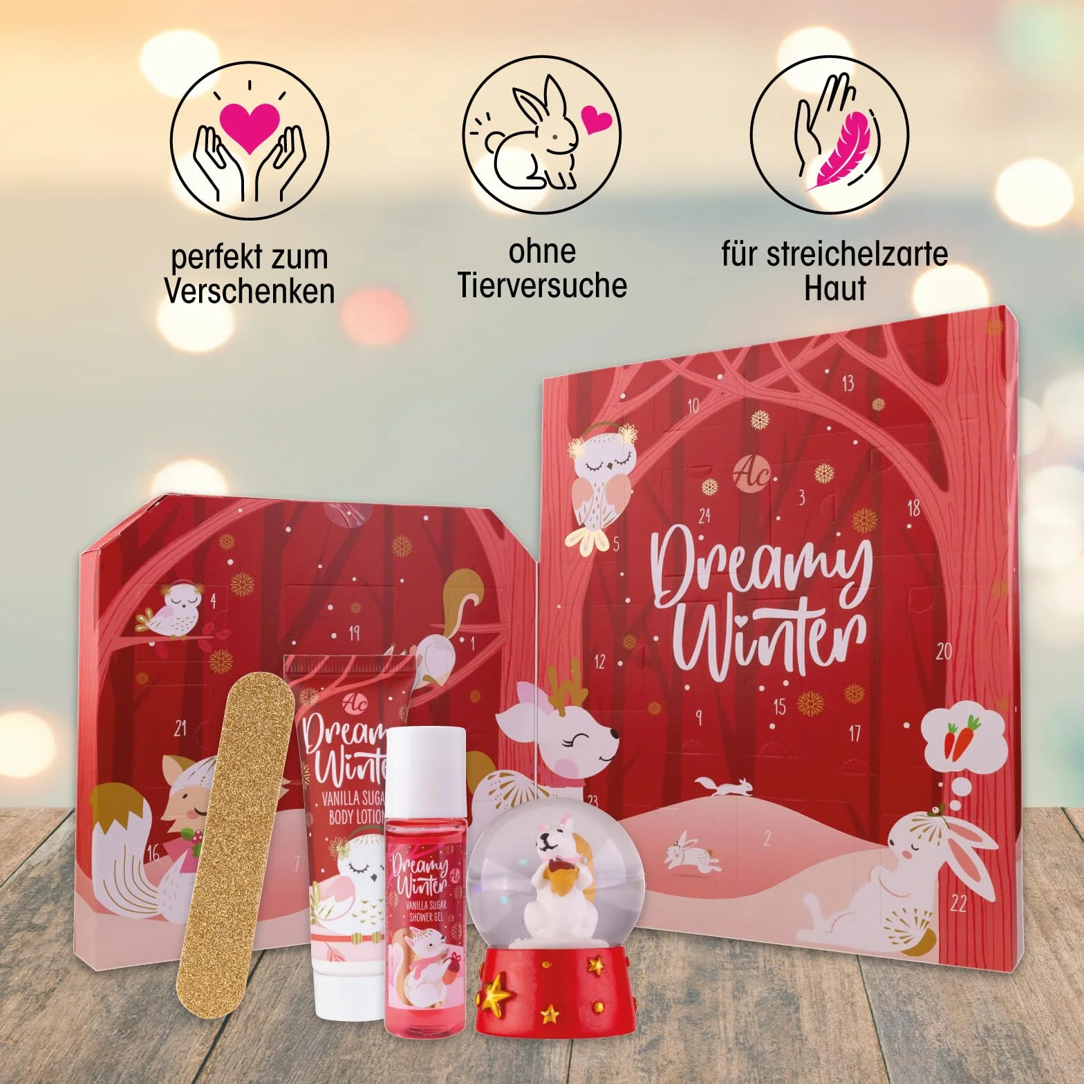 Accentra Kalendarz adwentowy z 24 produktami do pielęgnacji – kalendarz adwentowy Beauty z balsamem do ciała, kulkami kąpielowymi, żelem pod prysznic, szamponem, balsamem do ust, kremem do rąk